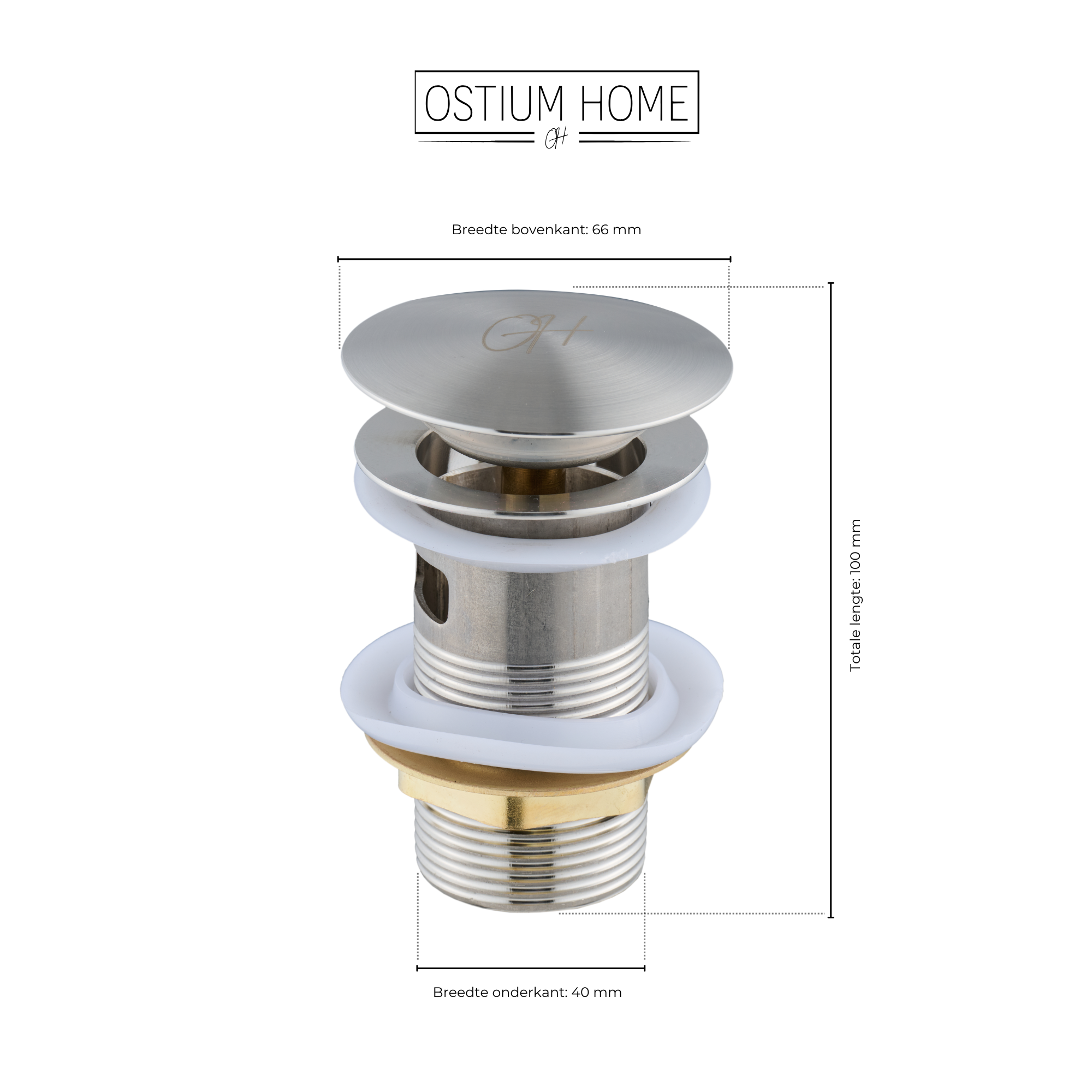 Technische tekening van de click-waste pop-up afvoerplug van Ostiumhome in RVS