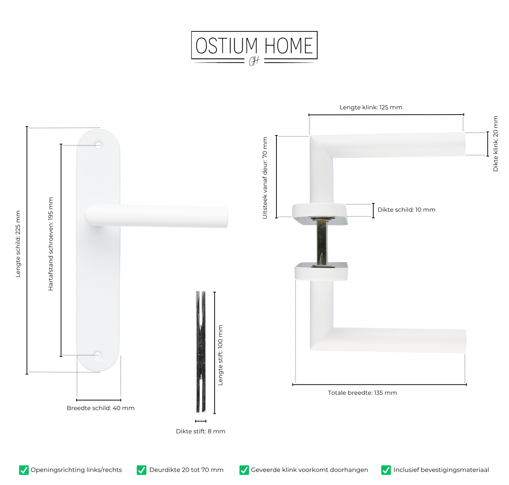 Afmetingen van de witte deurklink op rond schild van Ostiumhome.