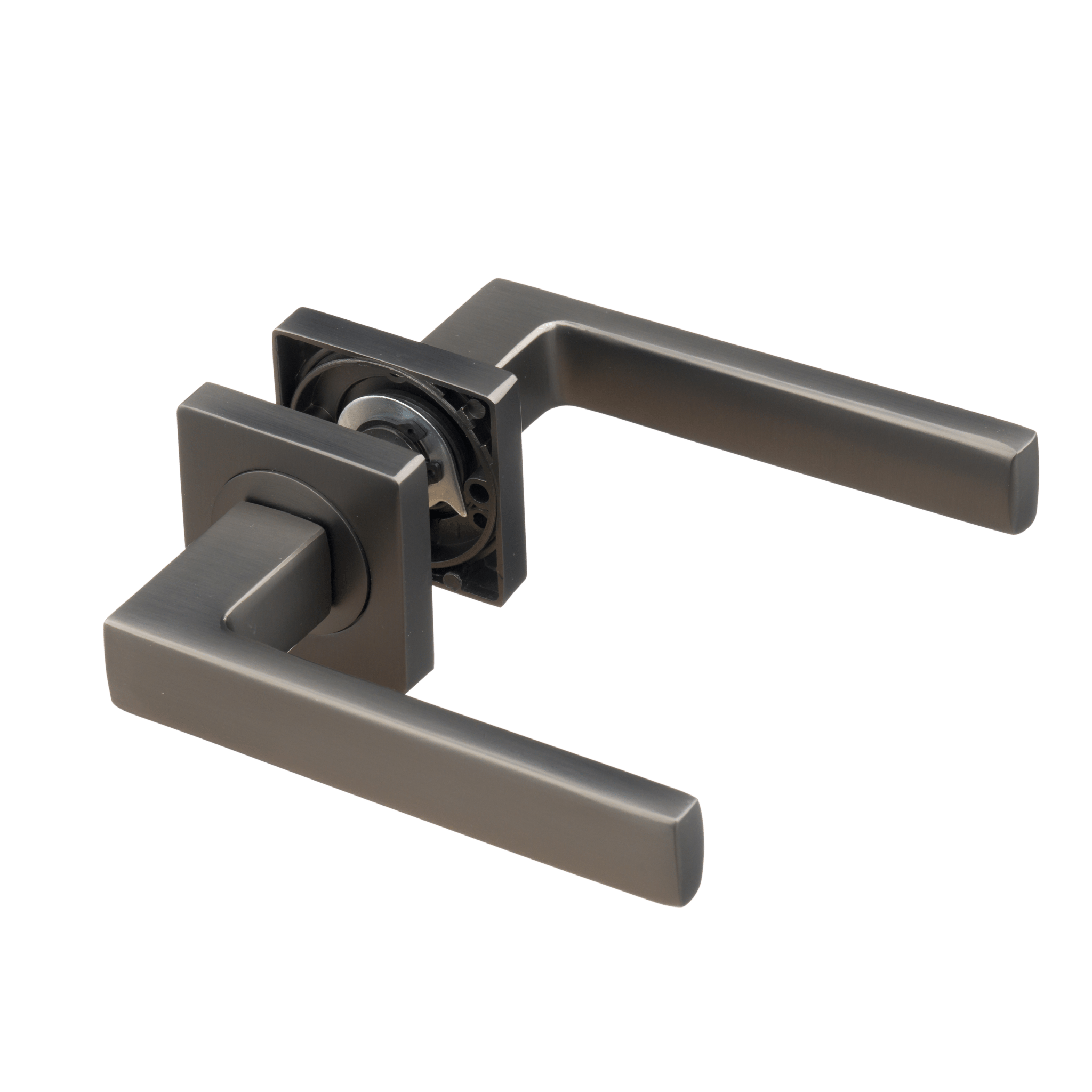 Gun metal Anzio deurklink 145 mm met geveerd mechanisme en vierkant rozet 5 × 5 cm