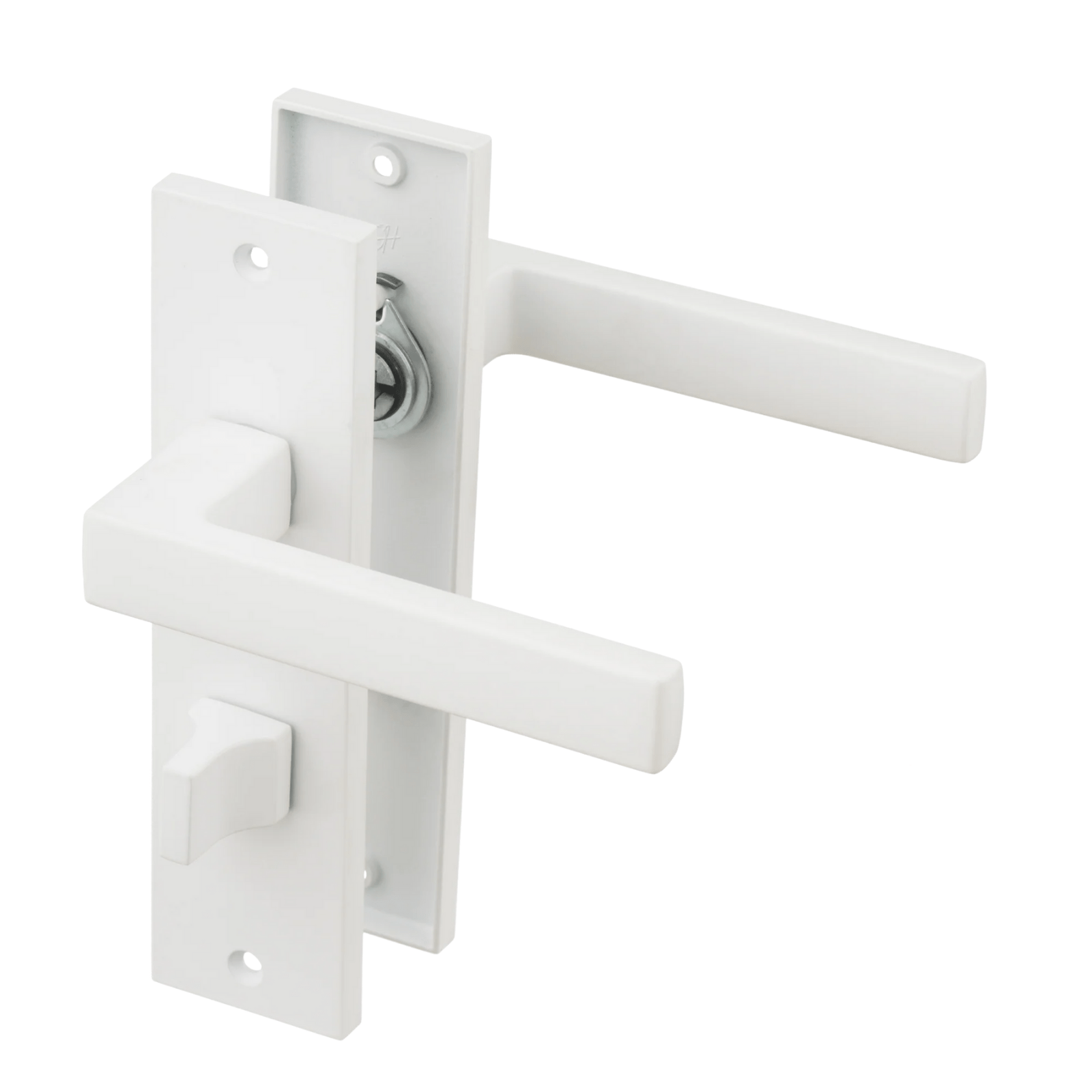 Mat witte Arezzo deurklink op kort schild 180 × 45 mm met geïntegreerd WC-slot hartafstand 63 mm voor strakke badkamerdeuren