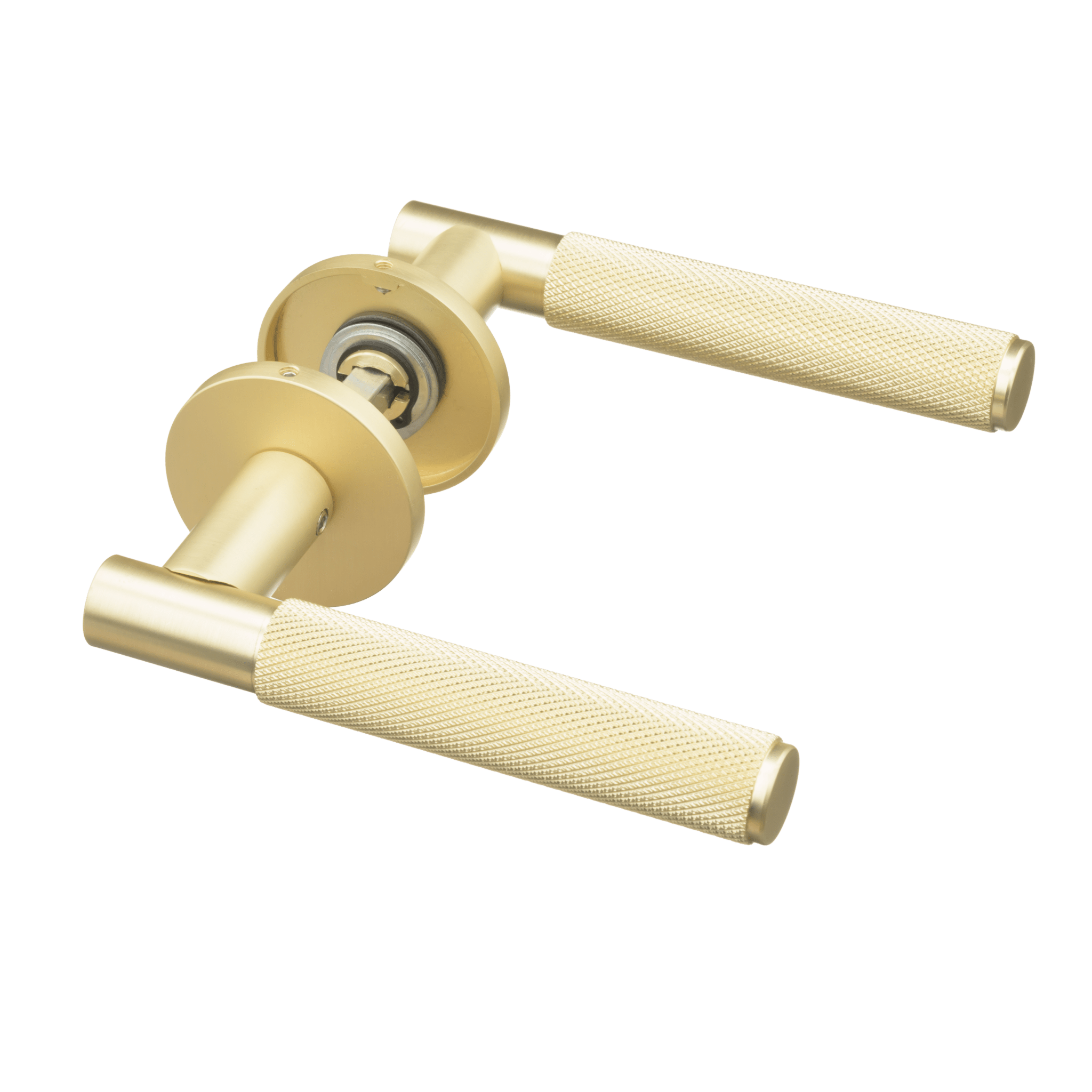 Luxe mat gouden Arona diamond-cut deurklink met geveerd mechanisme en rond rozet voor elegante binnendeuren