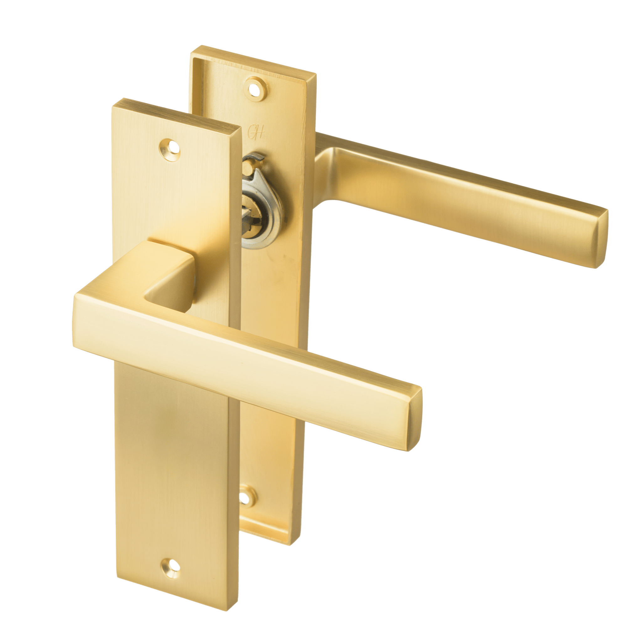 RVS-kern deurbeslag Avola in mat goud met strak rechthoekig kort schild en ergonomische greep