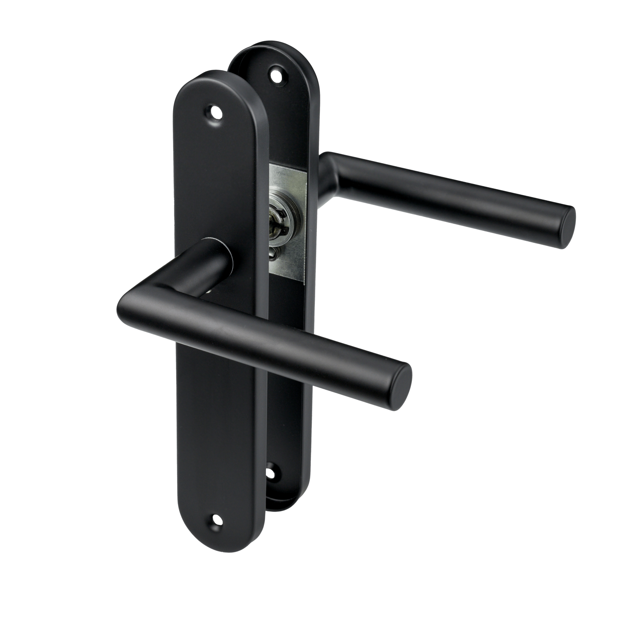 Complete set geveerde RVS Belluno deurbeslag mat zwart rond schild met comfortabele ergonomische greep