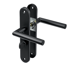 Mat zwarte Belluno deurklink 225 × 40 mm op rond schild met geïntegreerd WC-slot