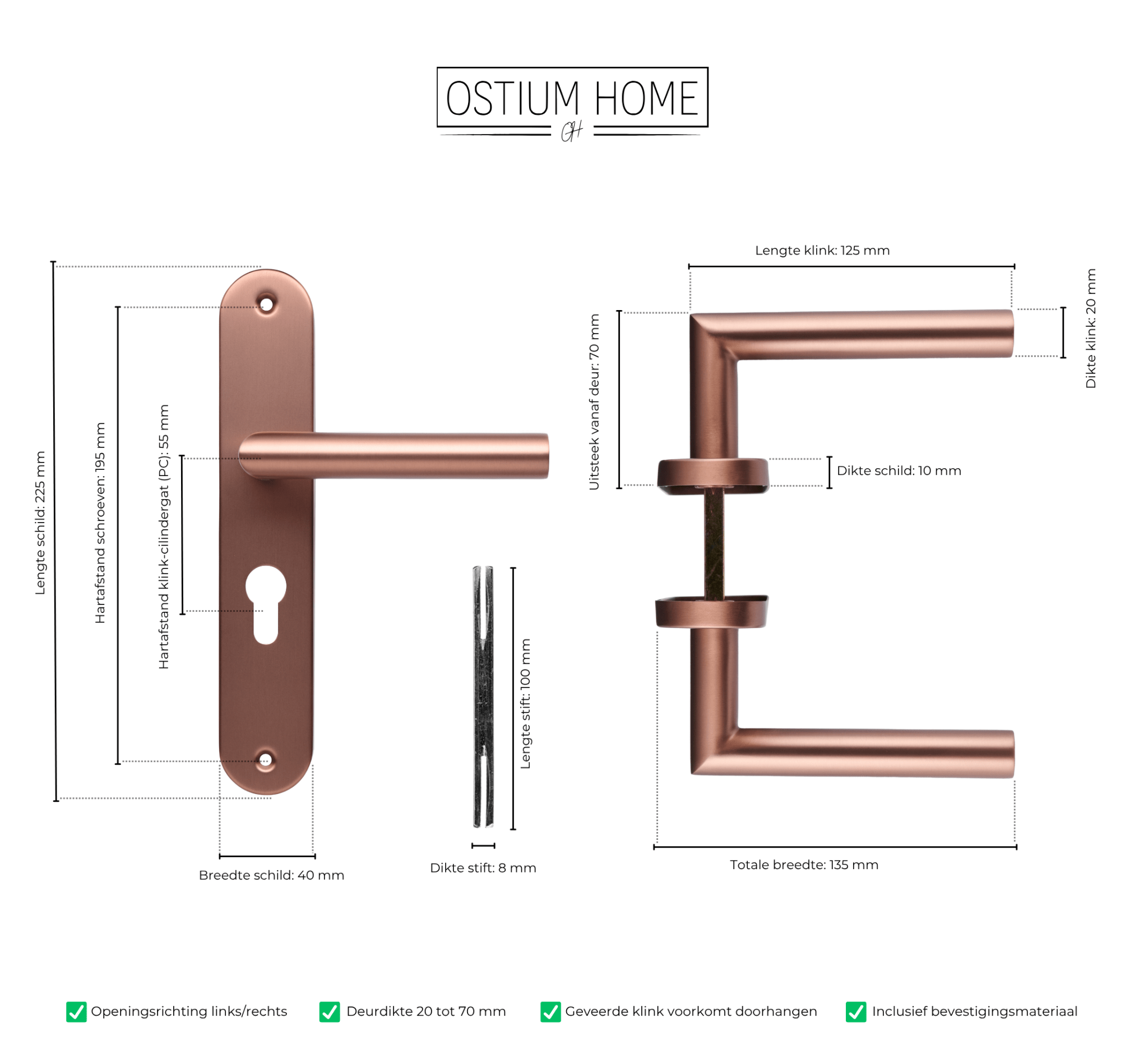 Tekening met afmetingen van deurklink op rond koperen schild met cilindergat