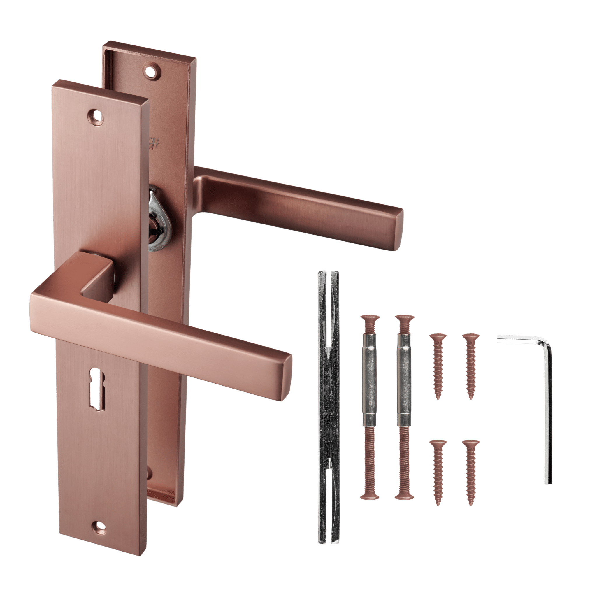 Ergonomische mat koperen Collodi deurkruk op lang schild met sleutelgat biedt comfortabele grip