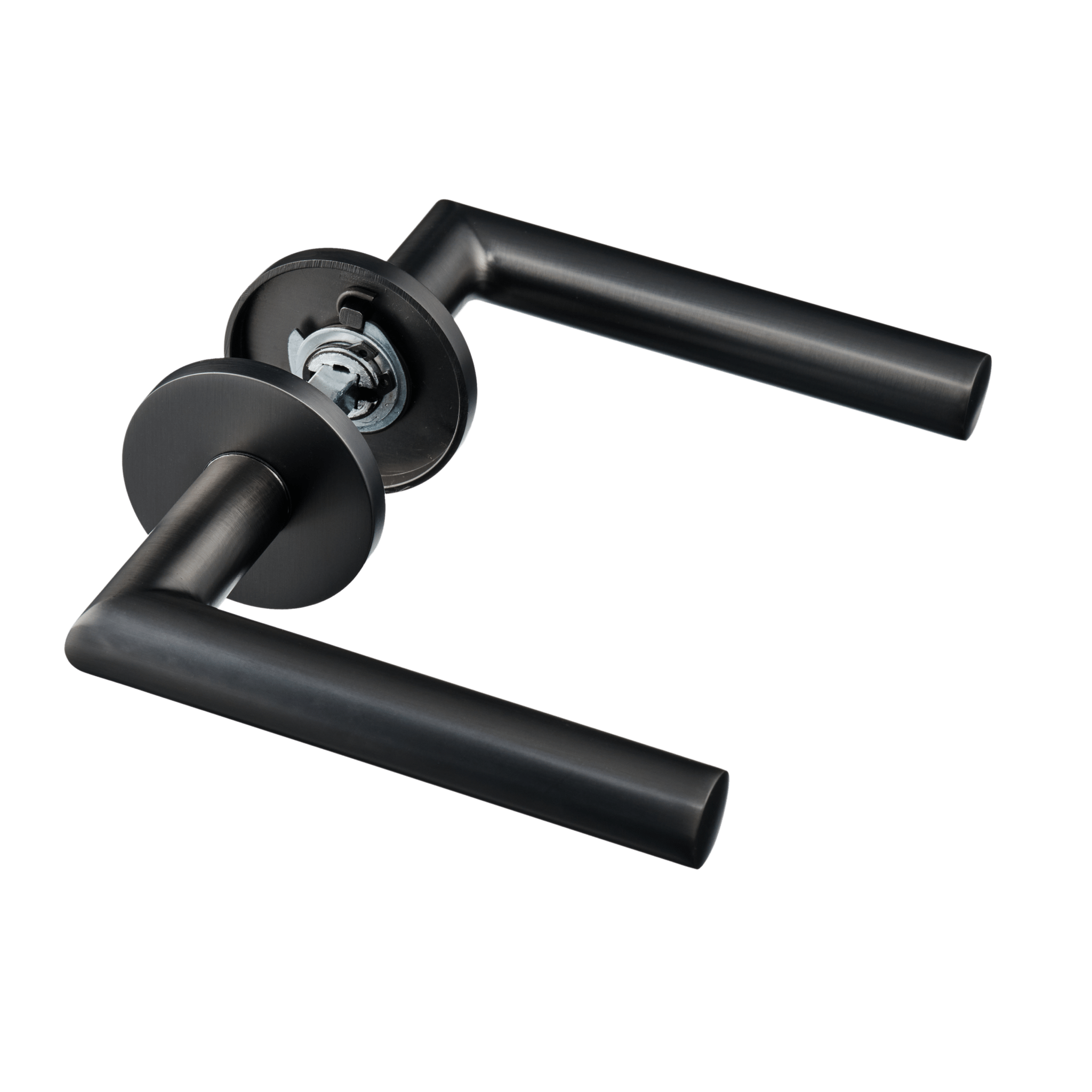 Complete Cosa deurbeslagset 135 mm gun metal met glad rond rozet passend bij industriële interieurs