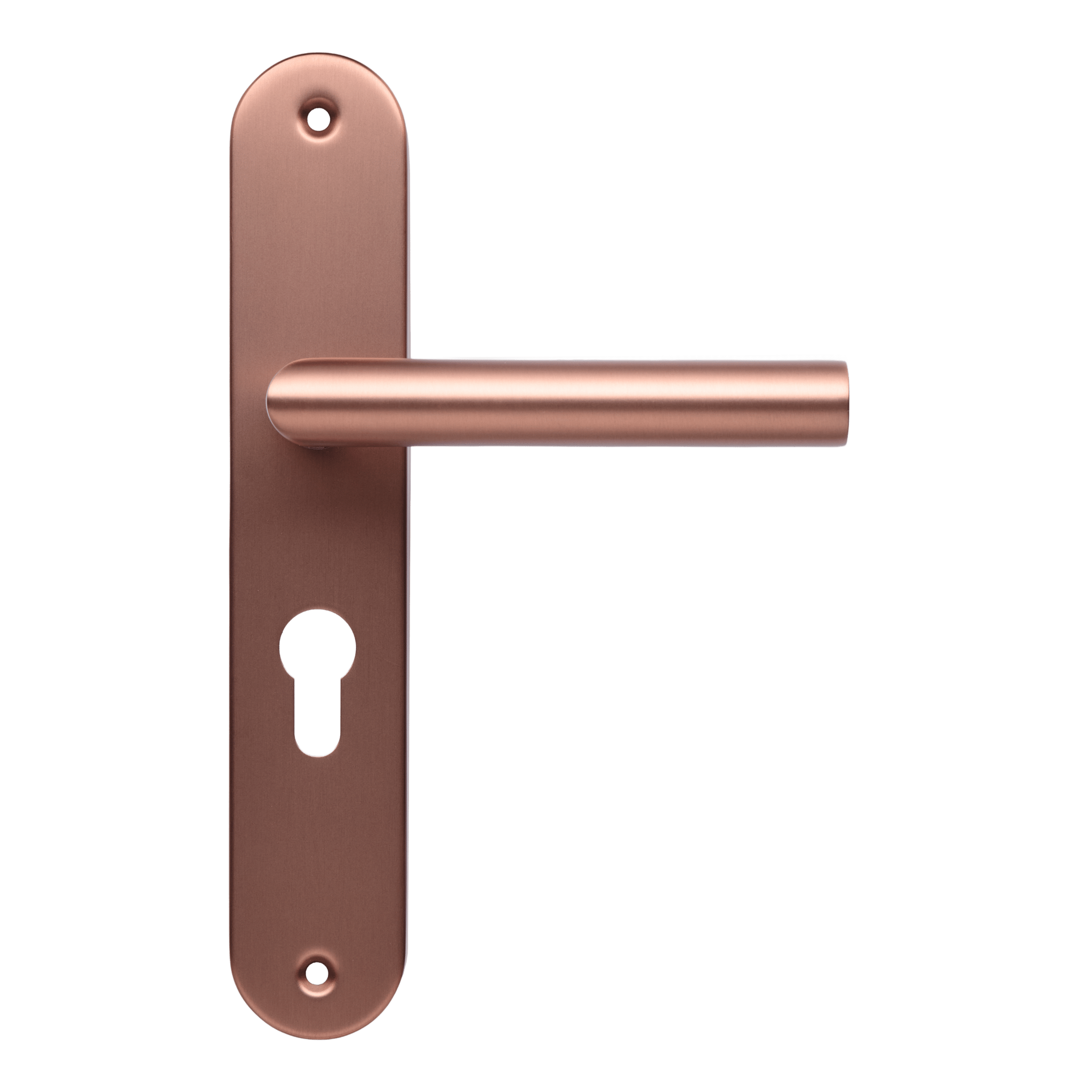 Deurbeslag in mat koper kleur met cilindergat, van Ostiumhome.