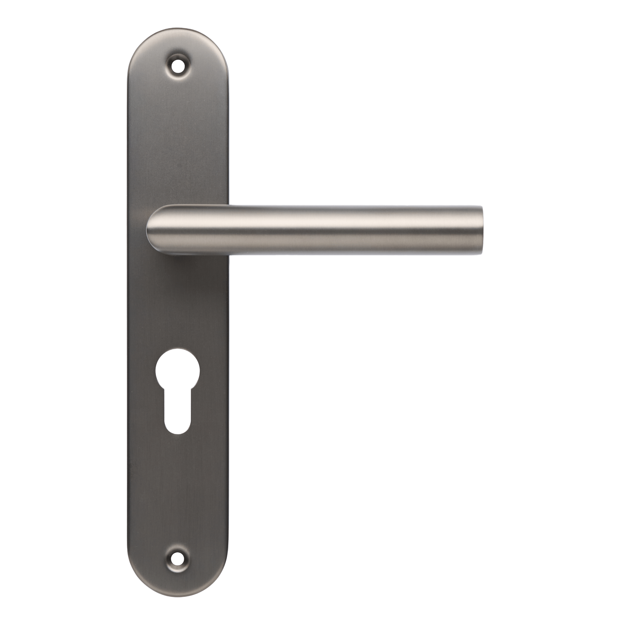 Deurklink in kleur gun metal, op rond schild met cilindergat.