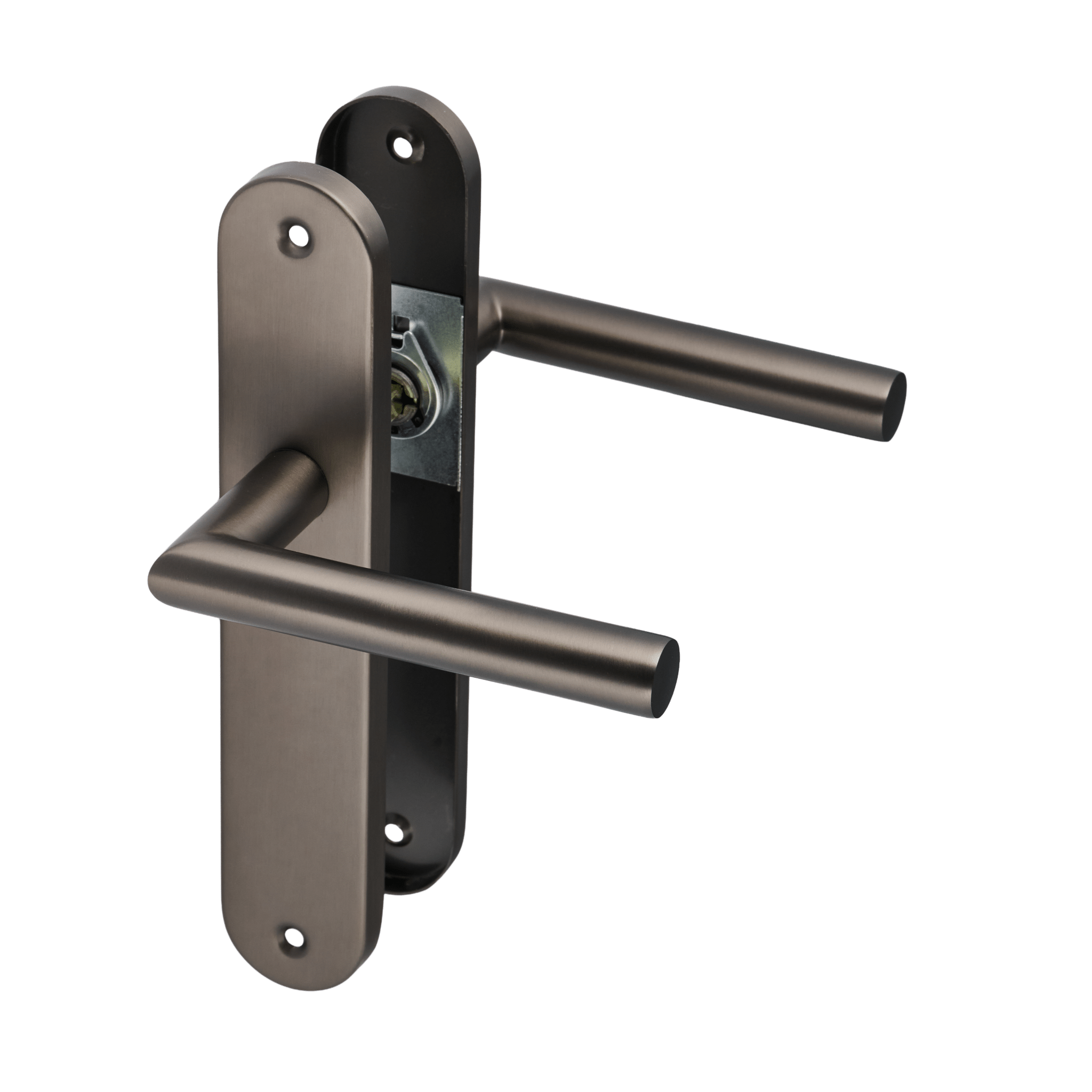 Deurklink in kleur gun metal, op lang rond schild van Ostiumhome.