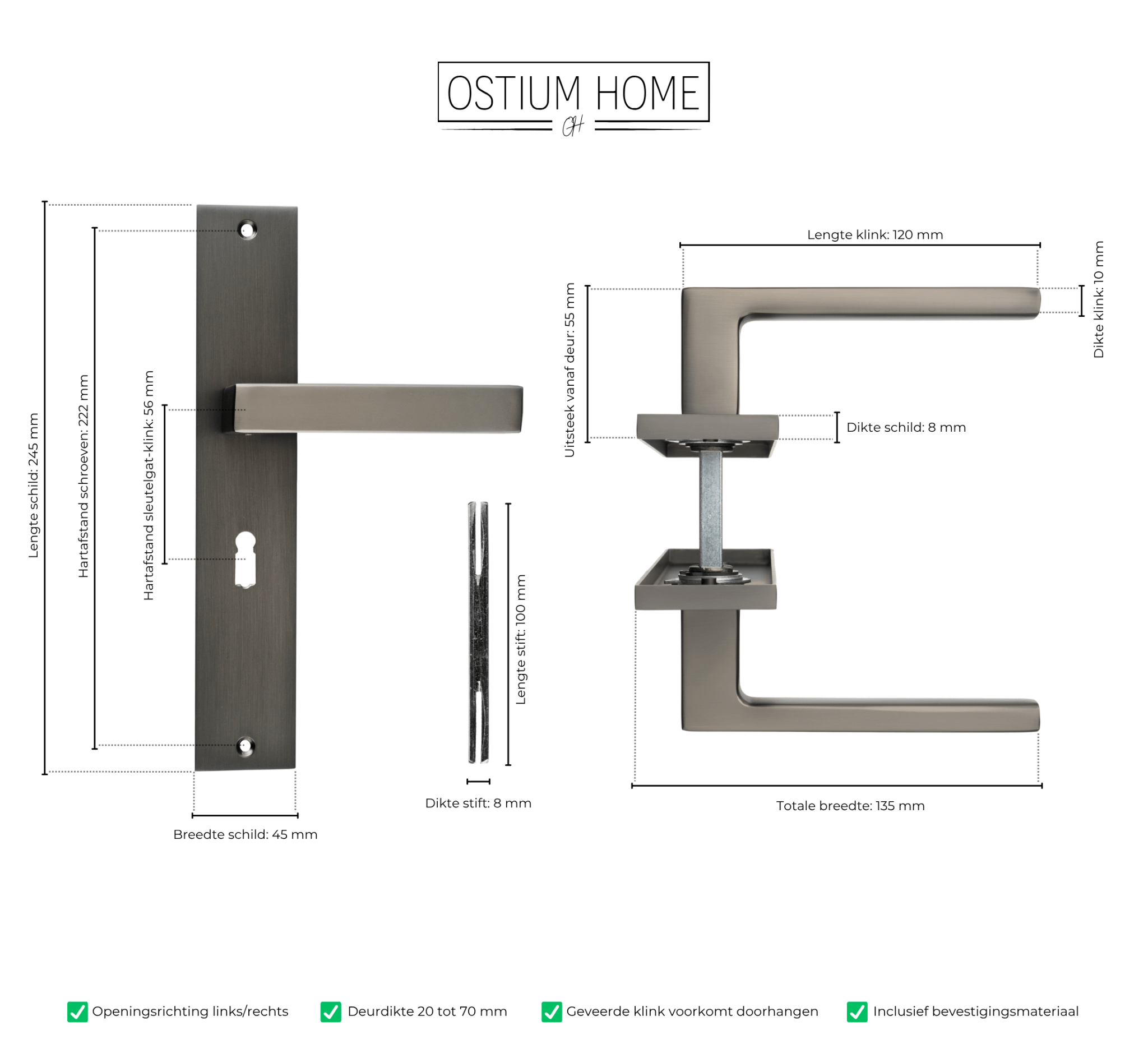 Afmetingen van deurklink op schild met sleutelgat in kleur gun metal