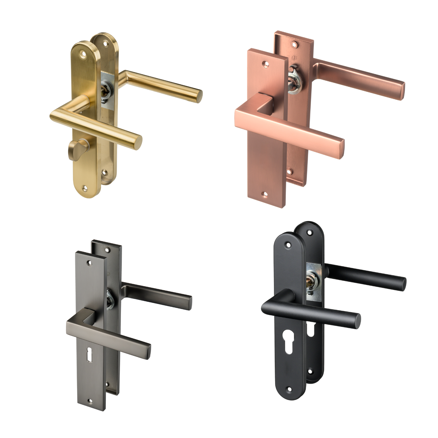 Geveerde deurklinken op schild van Ostiumhome, met verschillende sloten of blind schild.