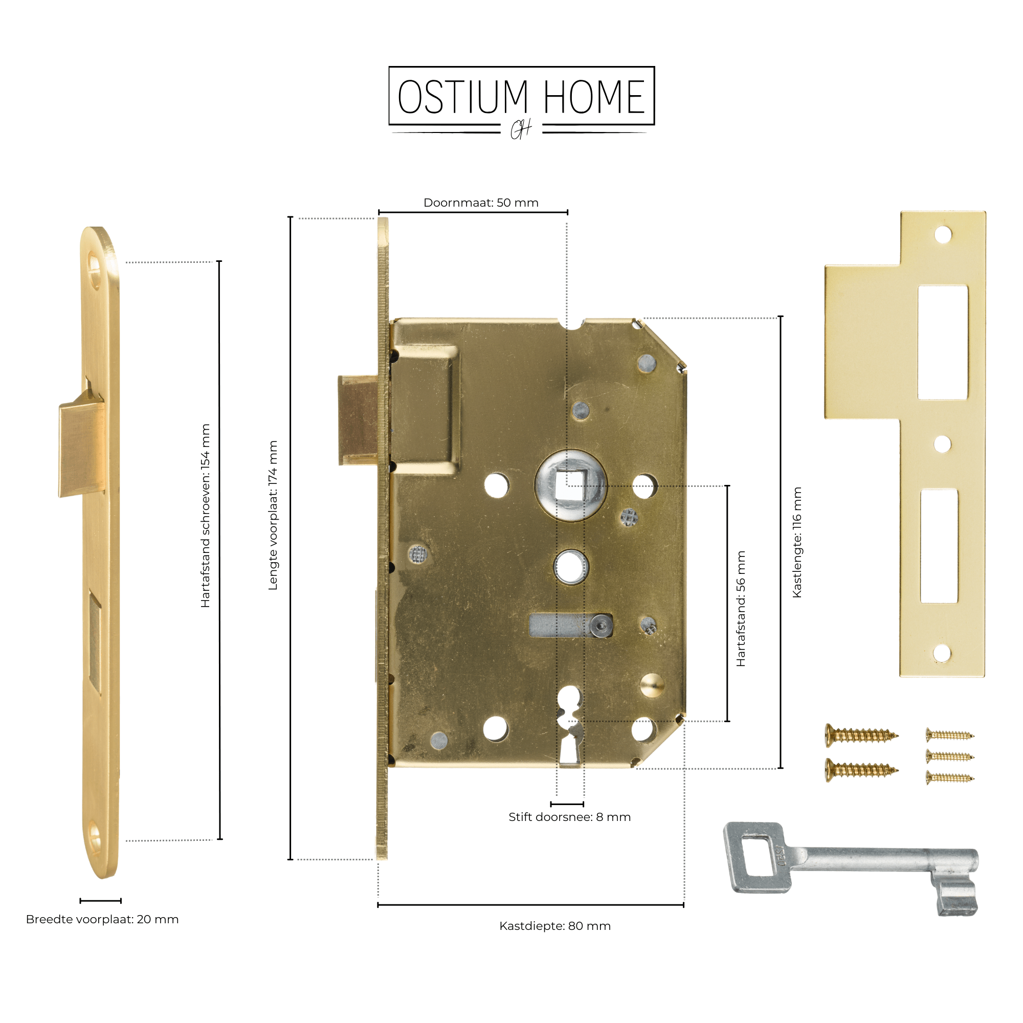 Afmetingen van gouden loopslot met sleutelgat met hartafstand 56 mm van Ostiumhome