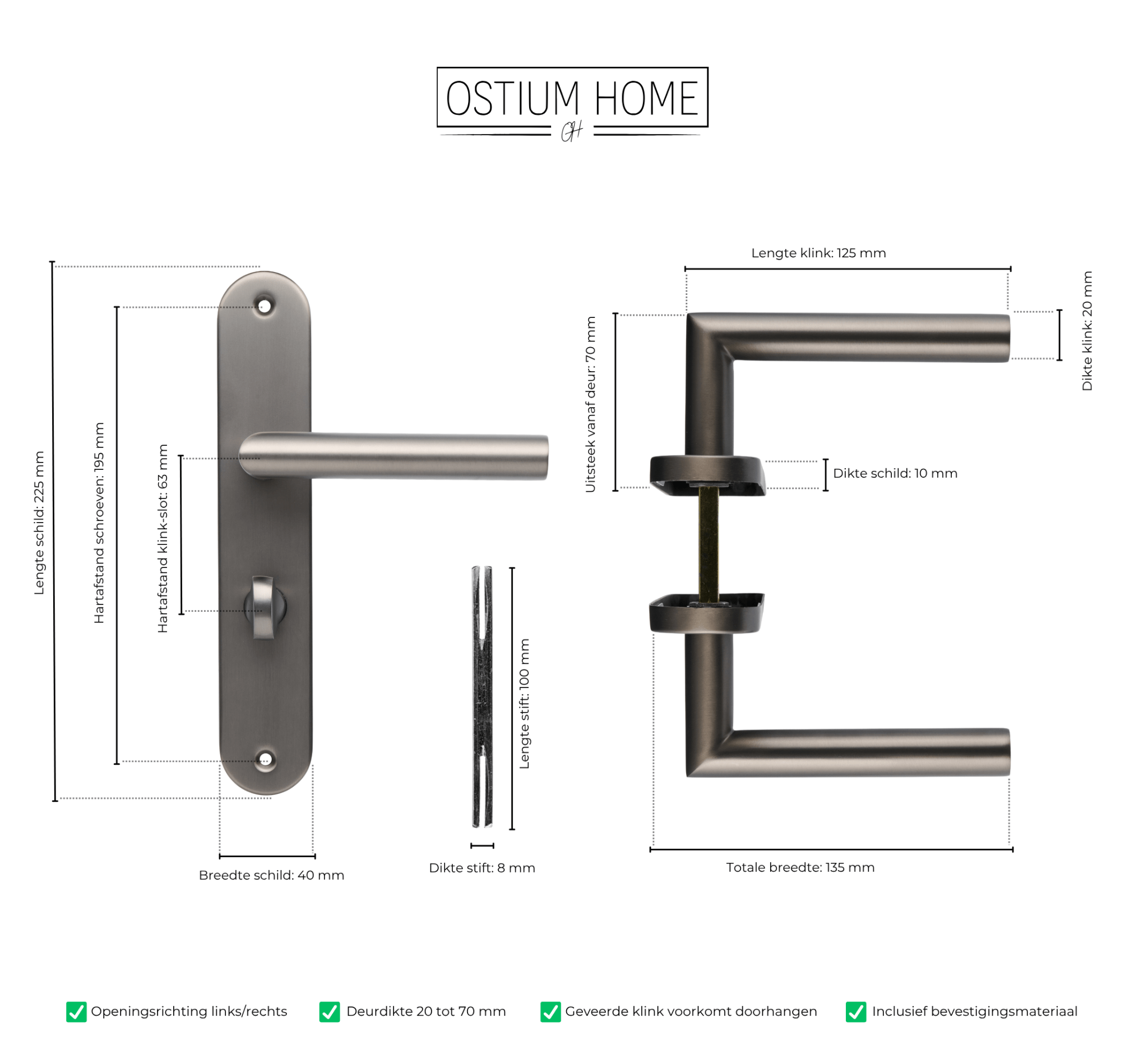 Technische afmetingen van gun metal wc deurklink van Ostiumhome