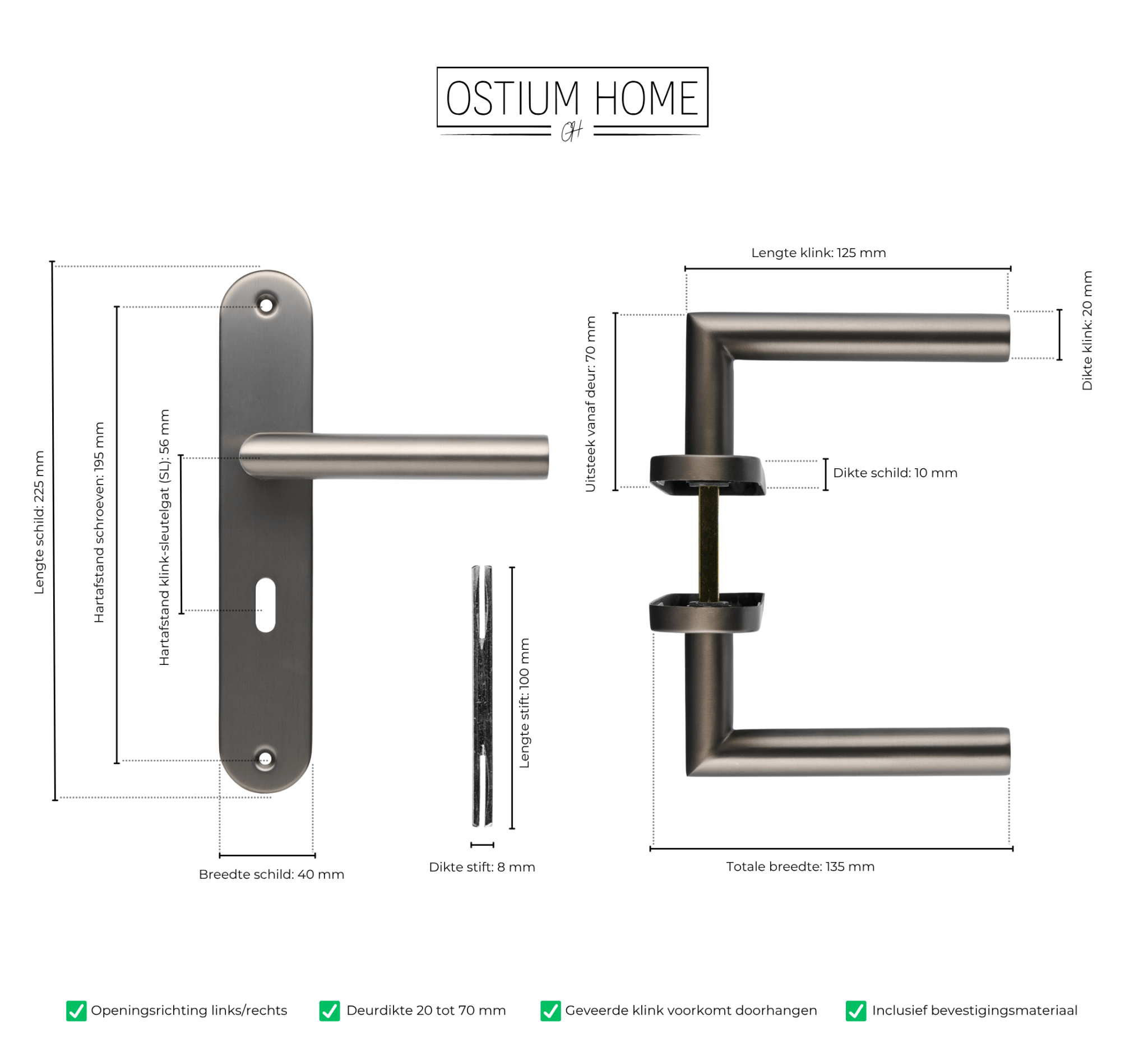 Technische tekening met afmetingen van gun metal sleutelgat deurklink