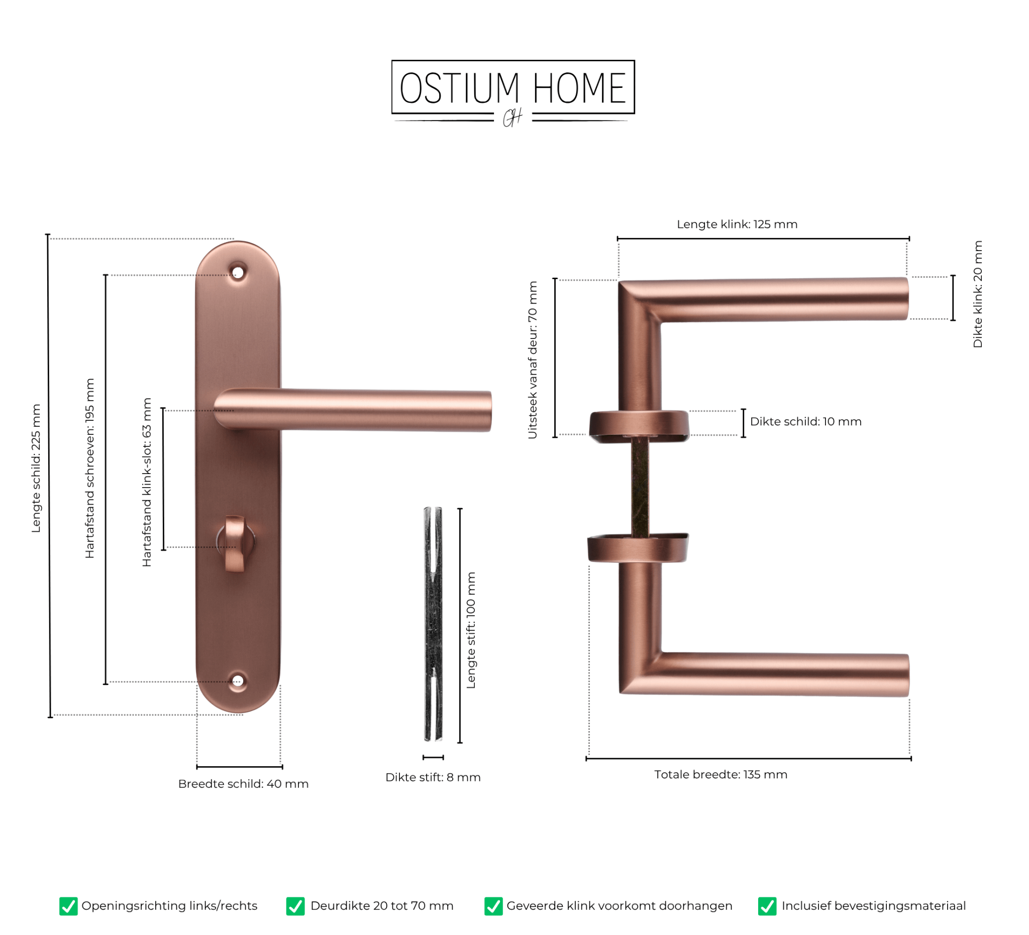 Technische tekening van koperen deurklink met wc-slot op rond schild van Ostiumhome
