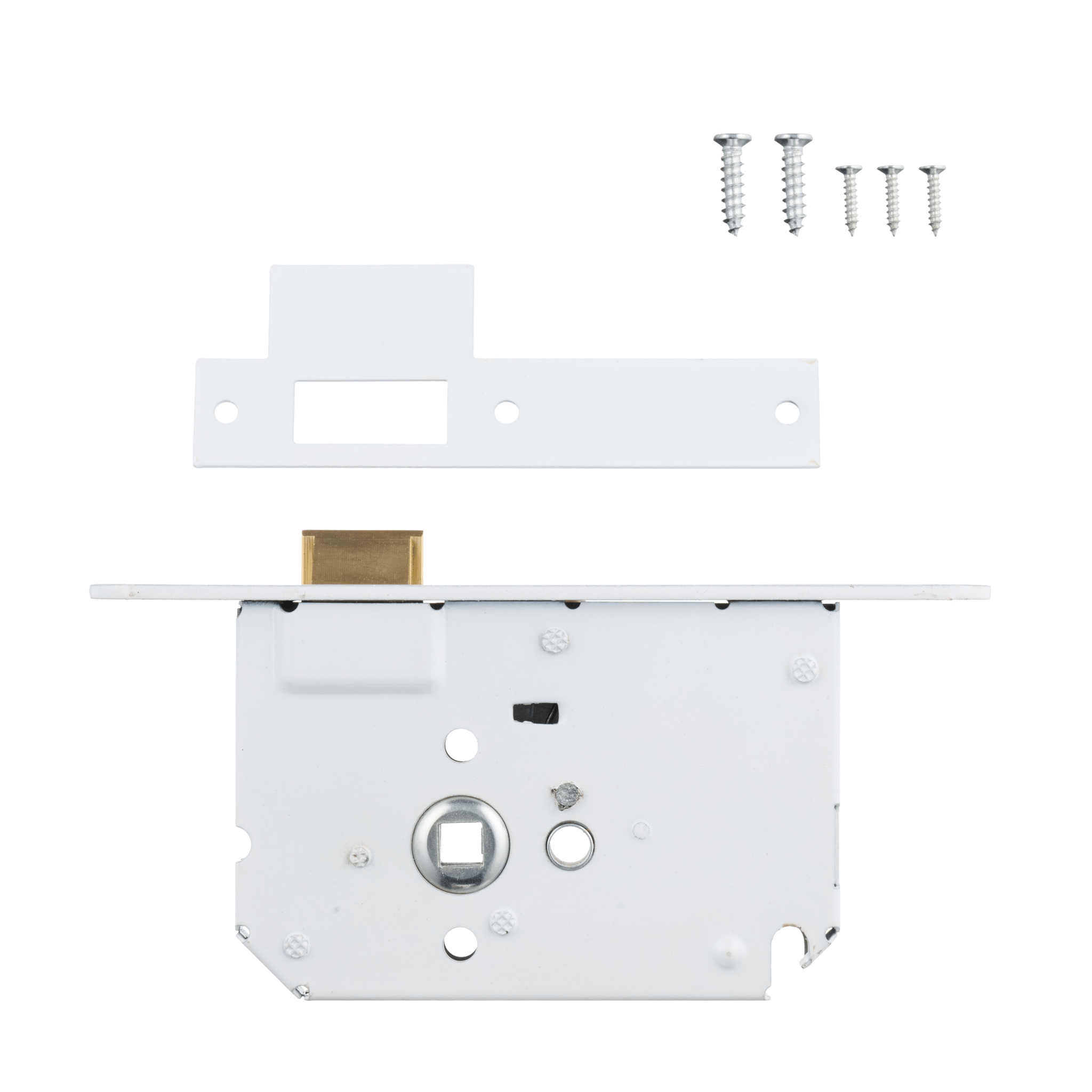 Detailweergave van Ostiumhome® loopslot met witte stalen voorplaat, geschikt voor binnendeuren 20x174 mm.