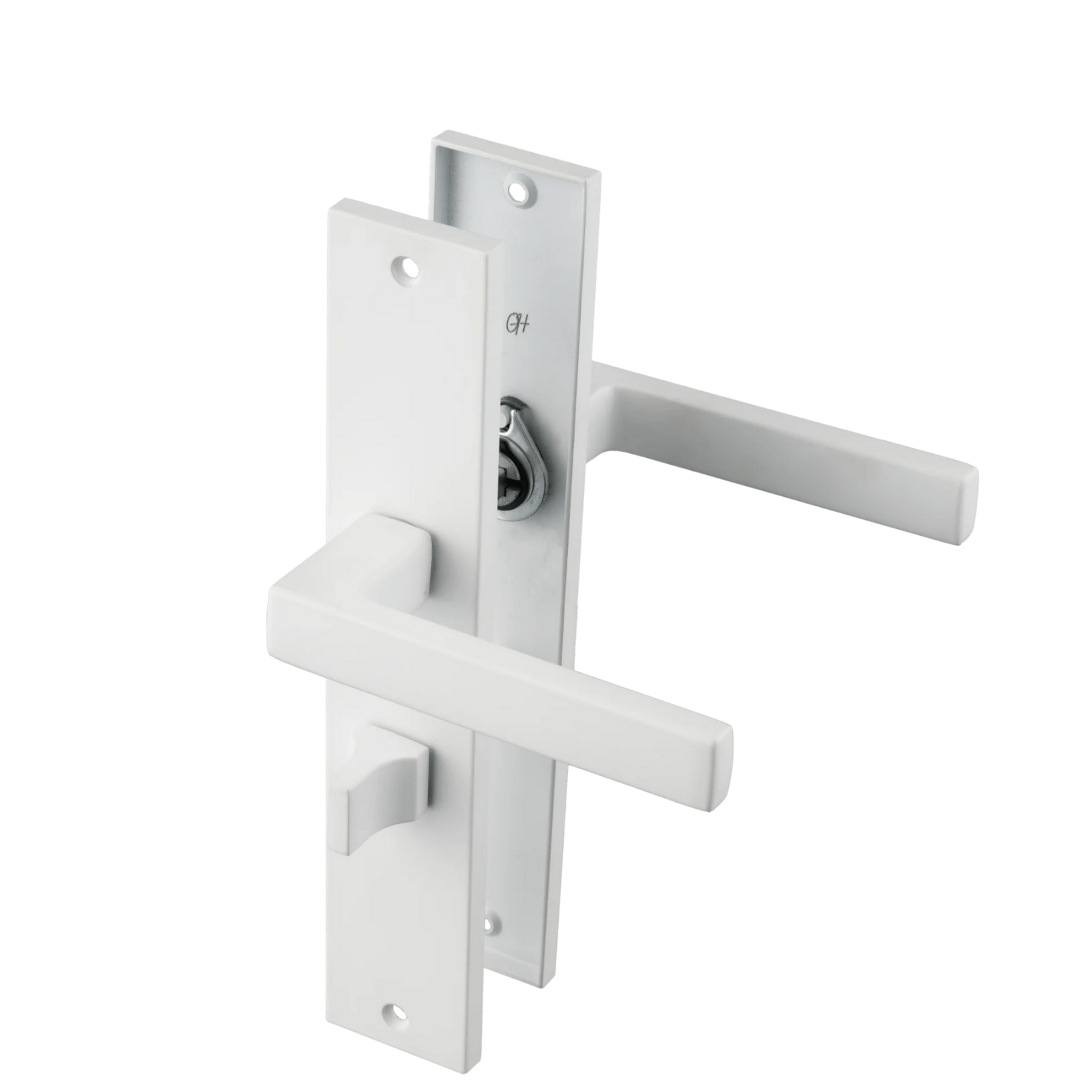 Mat witte Lorto WC-deurklink 245 × 45 mm op lang schild met hartafstand 63 mm voor badkamerdeuren