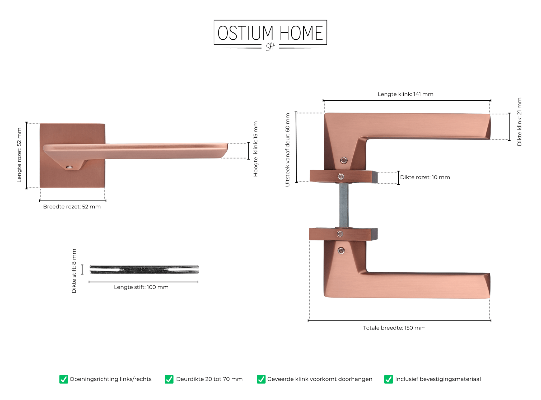 Afmetingen van de koperen luxe deurklink op recht rozet van Ostiumhome