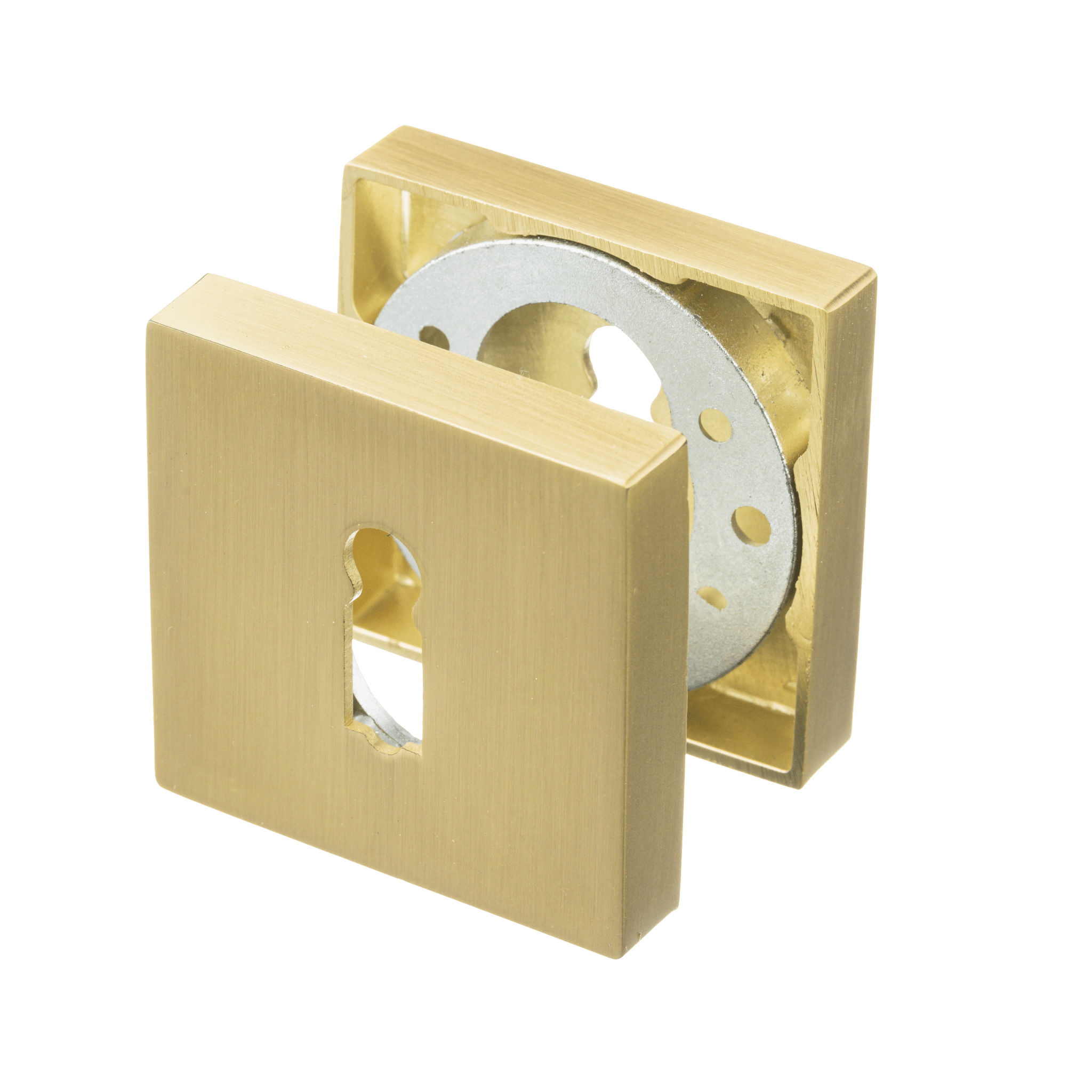 Vierkante 50 mm sleutelrozet in mat goud Selva met RVS basis en bevestigingsmateriaal