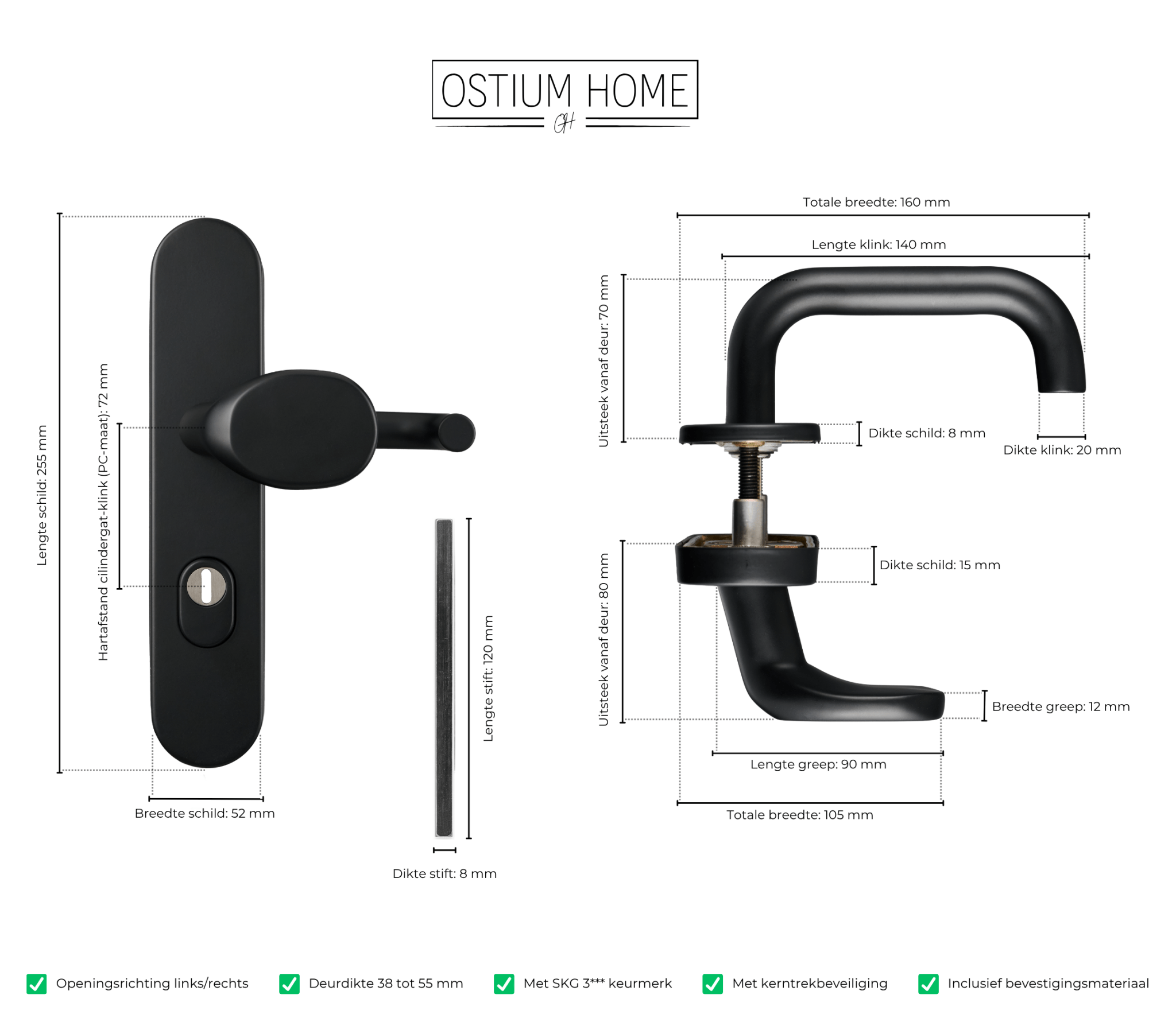 Specificatie tekening van mat zwart voordeurbeslag met greep/kruk van Ostiumhome