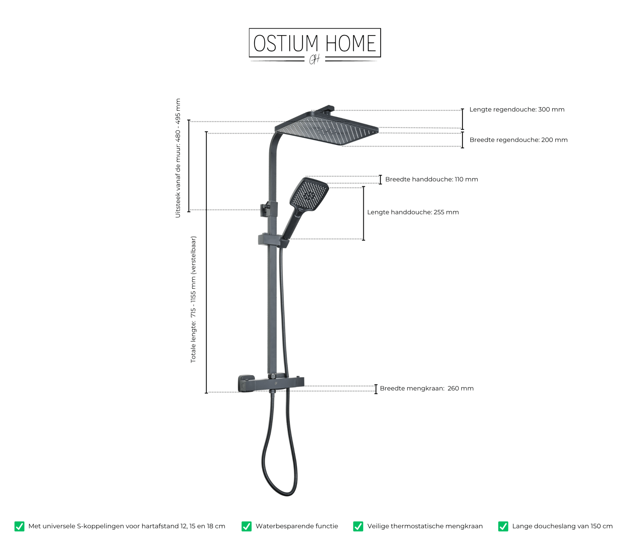 Afmetingen van de vierkante regendouche van Ostiumhome in mat zwart