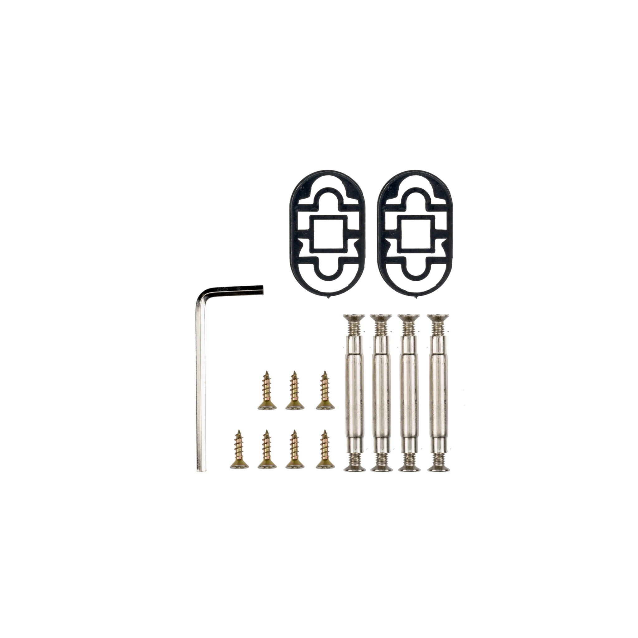 Complete bevestigingsset voor Nestro deurbeslag: 2× 10 cm stiften, 4× inbusbouten, 4× schroeven en bevestigingsmateriaal voor snelle montage