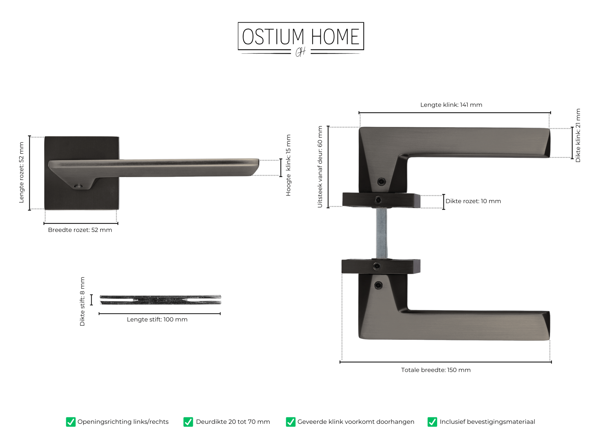 Inhoud verpakking: 2× Nestro Gun Metal deurklinken, 2× vierkante rozetten (52 × 52 mm), montagehandleiding