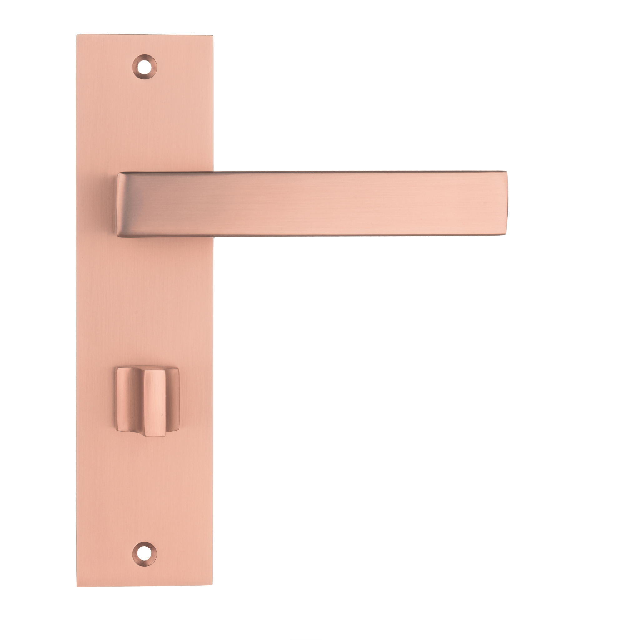 Mat koperen Nola deurklink op 180 × 45 mm kort schild met geïntegreerd WC-slot hartafstand 63 mm voor moderne badkamerdeuren