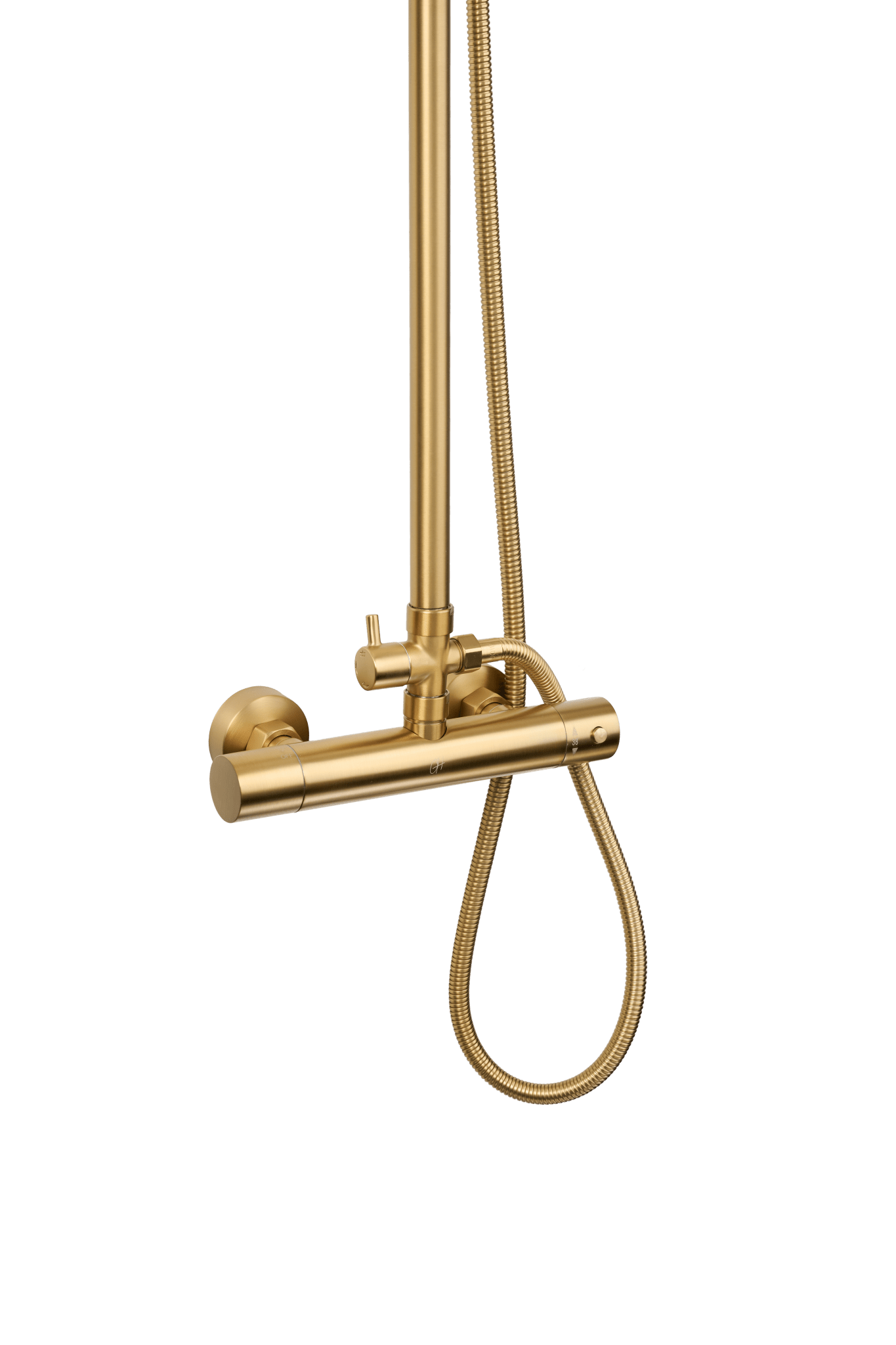 Luxe all-in-one Novi complete doucheset in mat goud met rond stortdouche, ergonomische handdouche en bijgeleverd installatiemateriaal voor een stijlvolle én functionele badkamerupgrade