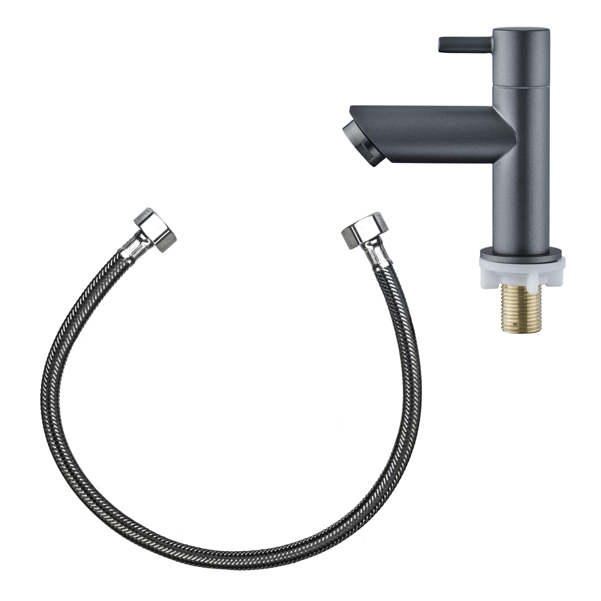 Inhoud van de Gun Metal verpakking met kraan, montagemateriaal en flexibele aansluitslangen.