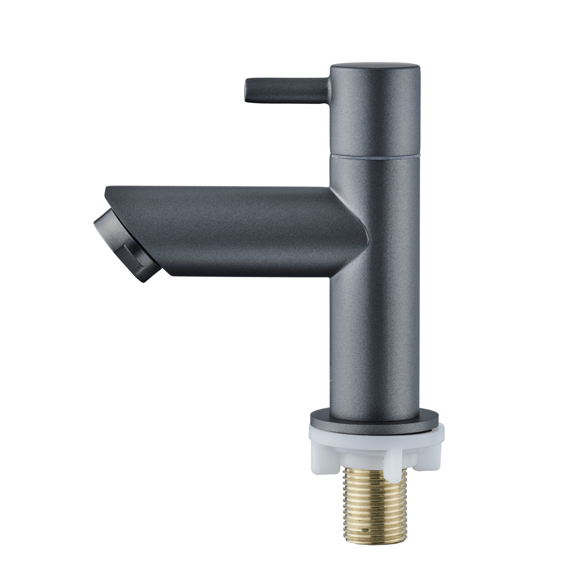 Volledig zijaanzicht van de Gun Metal kraan, met compact formaat en rechte uitloop voor moderne fonteinen.