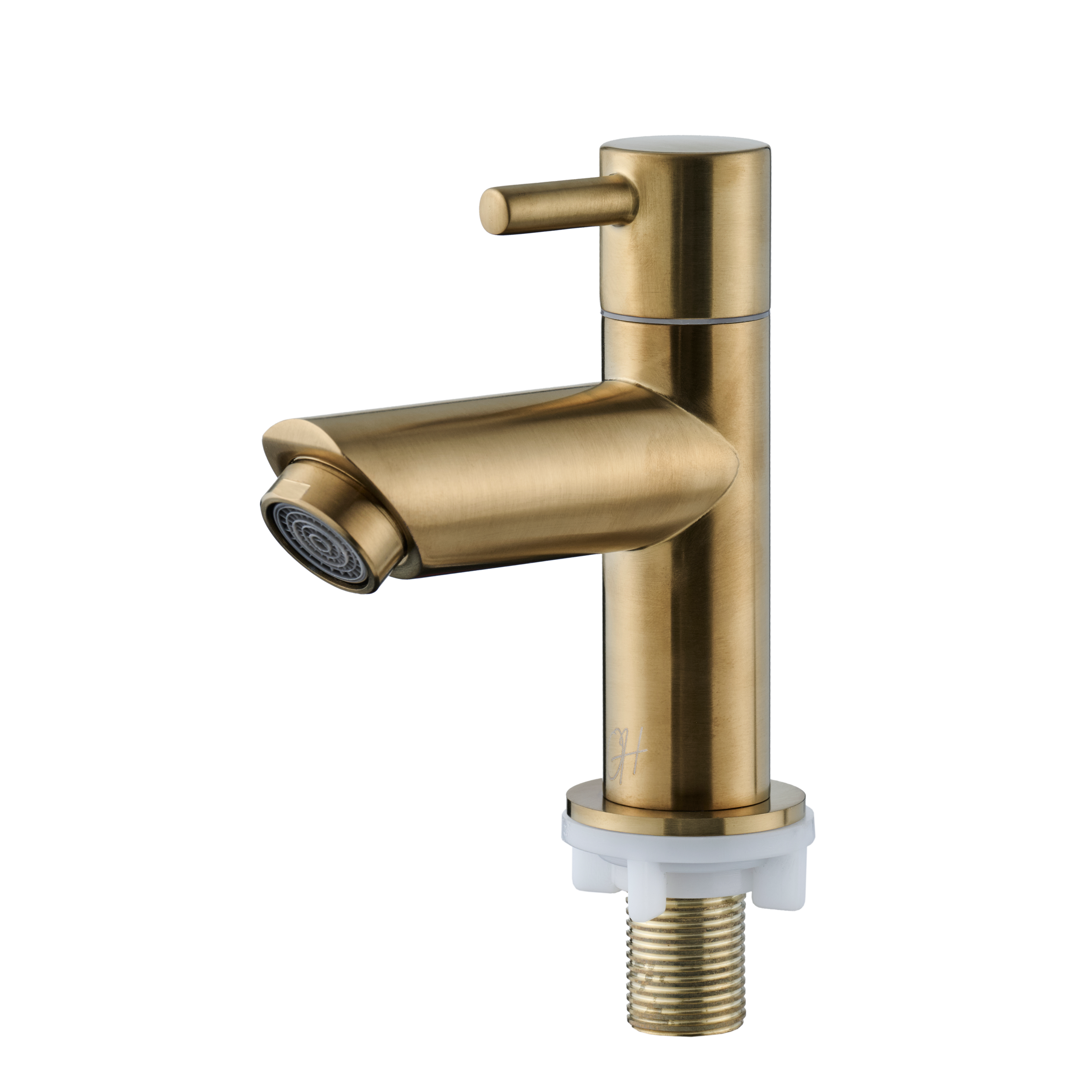 Detailaanzicht van de mat gouden Aquila kraan met zachte glans, ontworpen voor stijlvol koud watergebruik.