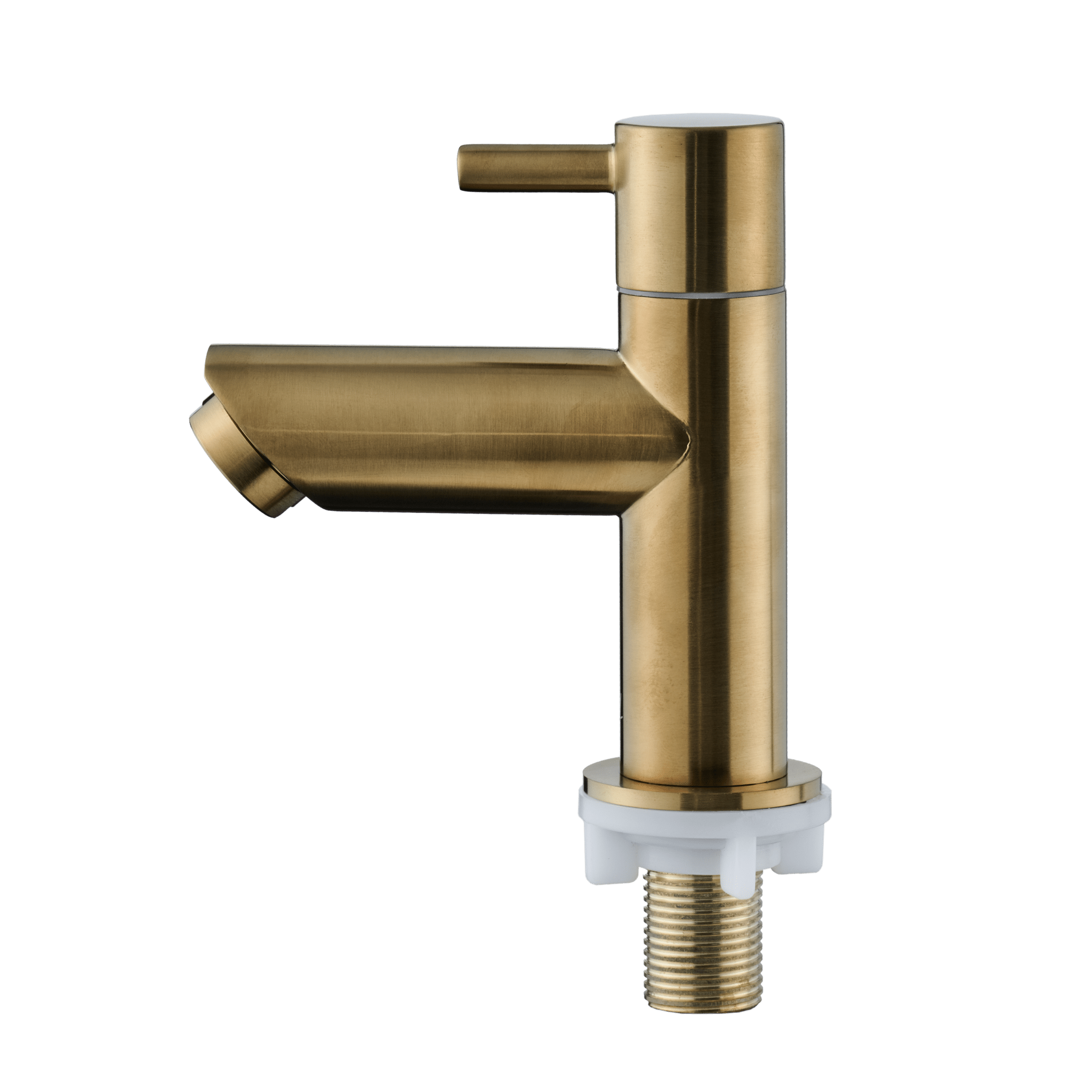Zijaanzicht van de mat gouden kraan met rechte uitloop en moderne matte finish voor een chique uitstraling.