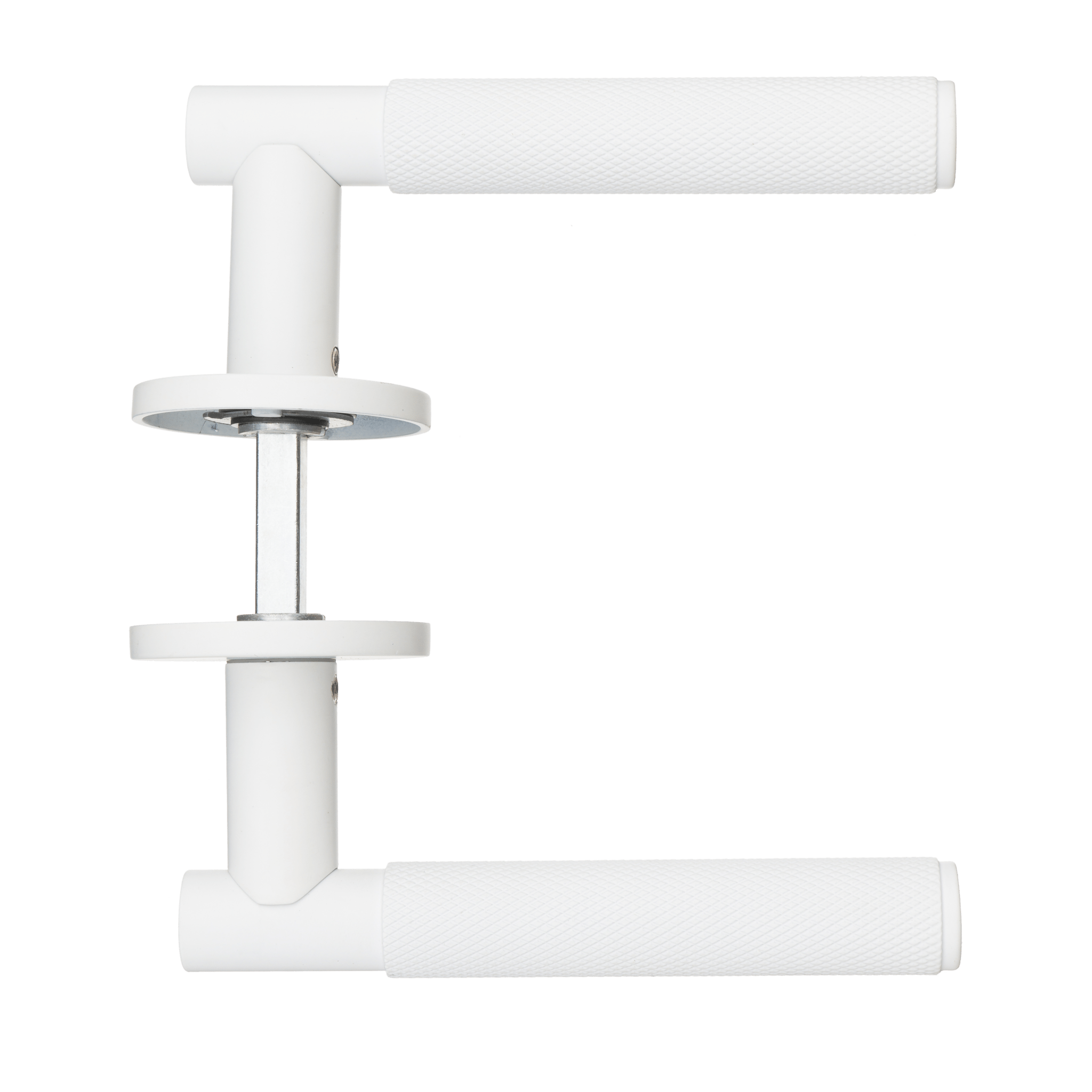 Ostiumhome Berzo premium deurkruk mat wit met luxe diamond-cut grip, rond rozet en duurzame zamak kern