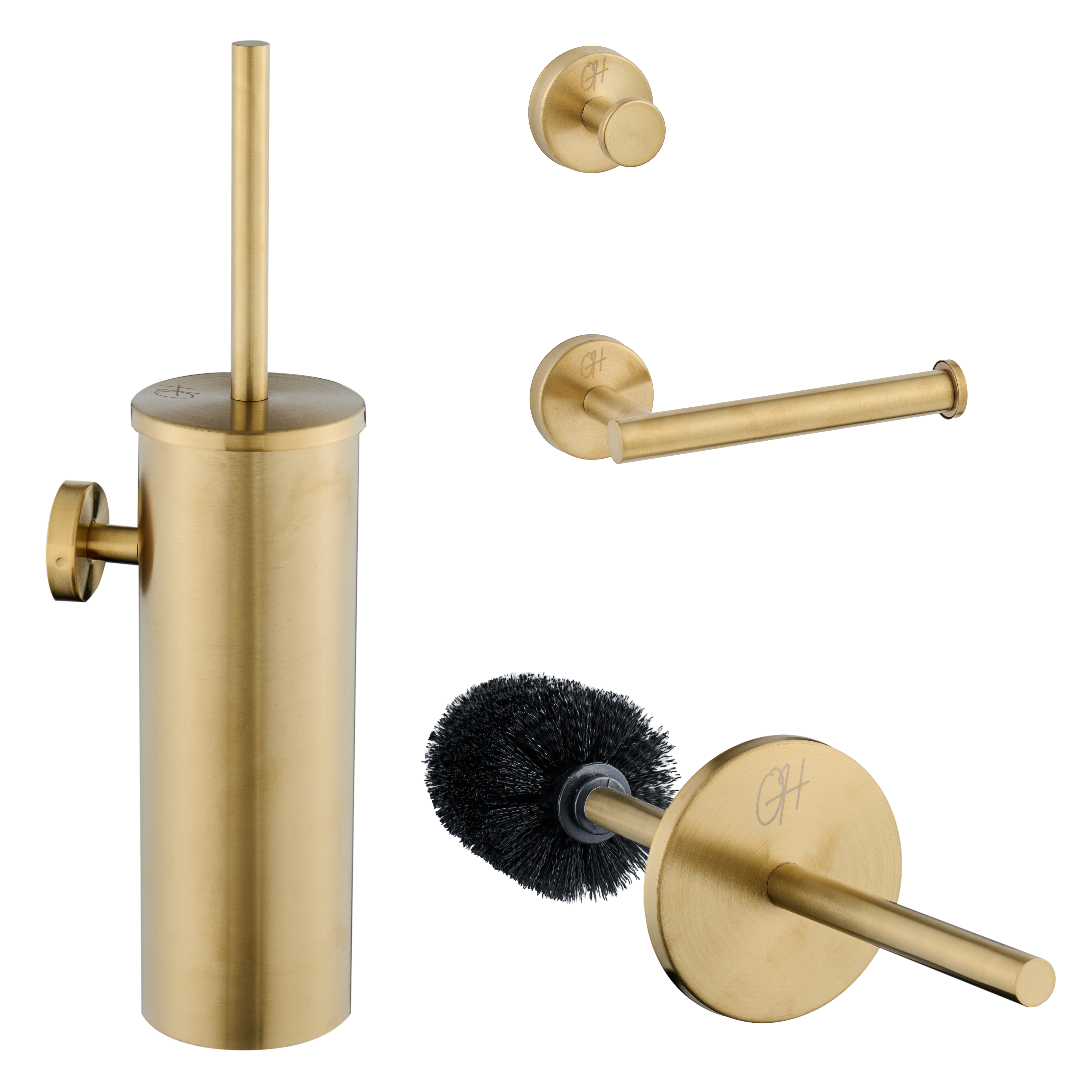 Ostiumhome® toilet accessoires set in goud met wc borstel, toiletrolhouder en handdoekhaak – volledige set in één beeld