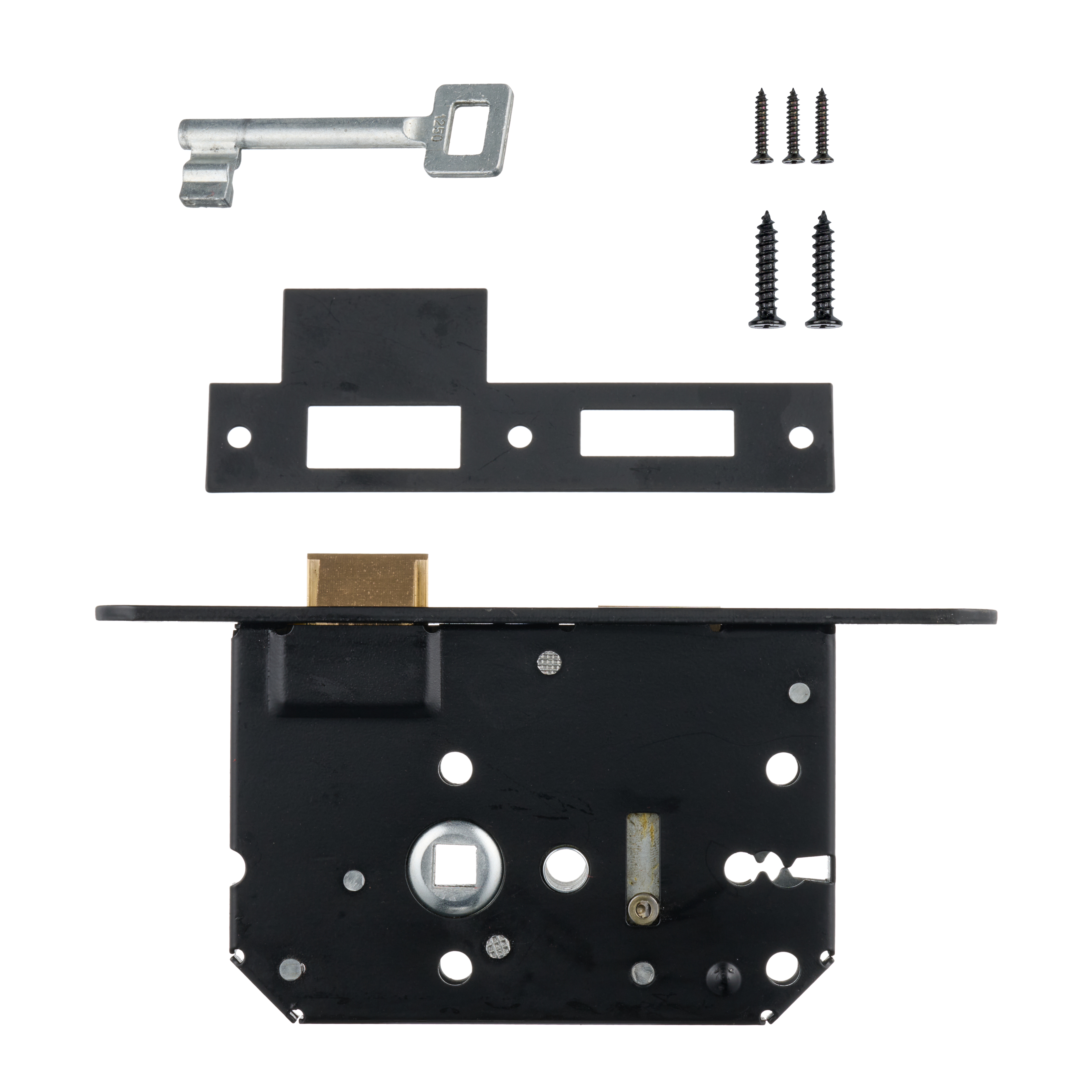 Bovenaanzicht van mat zwart PC56 loopslot van Ostiumhome® met sleutelgat en montagemateriaal