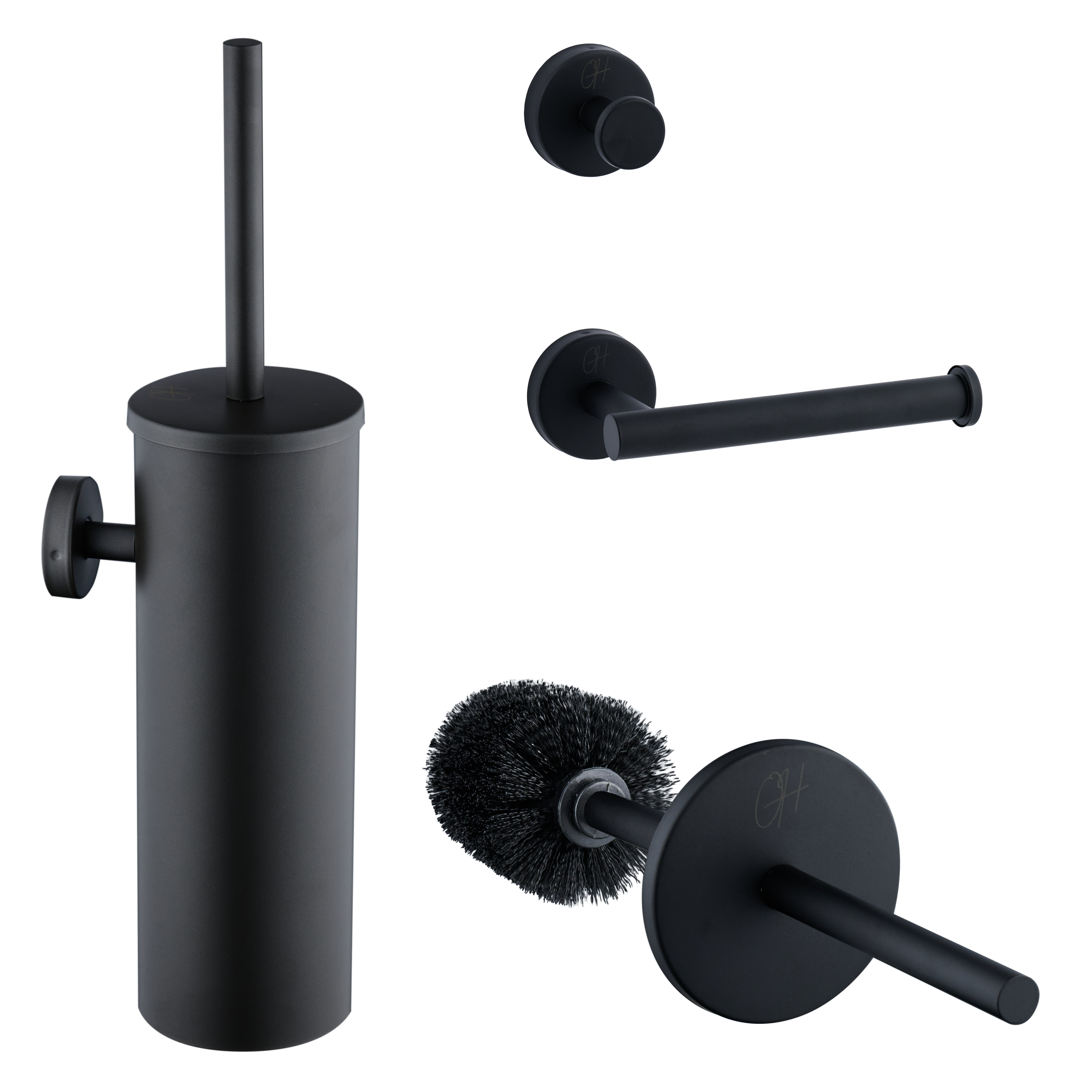 Ostiumhome® toiletset in mat zwarte uitvoering met borstel, rolhouder en haak – totaaloverzicht
