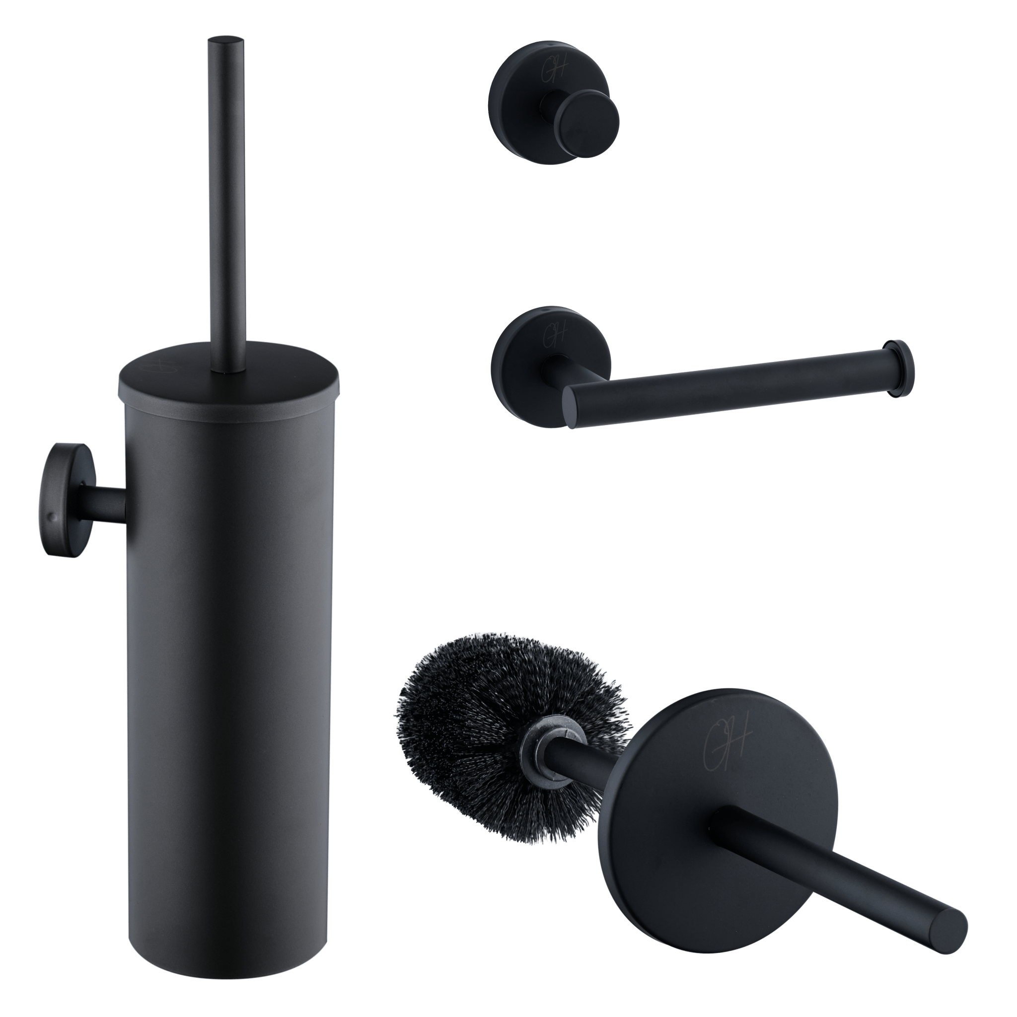 Ostiumhome® toiletset in mat zwarte uitvoering met borstel, rolhouder en haak – totaaloverzicht