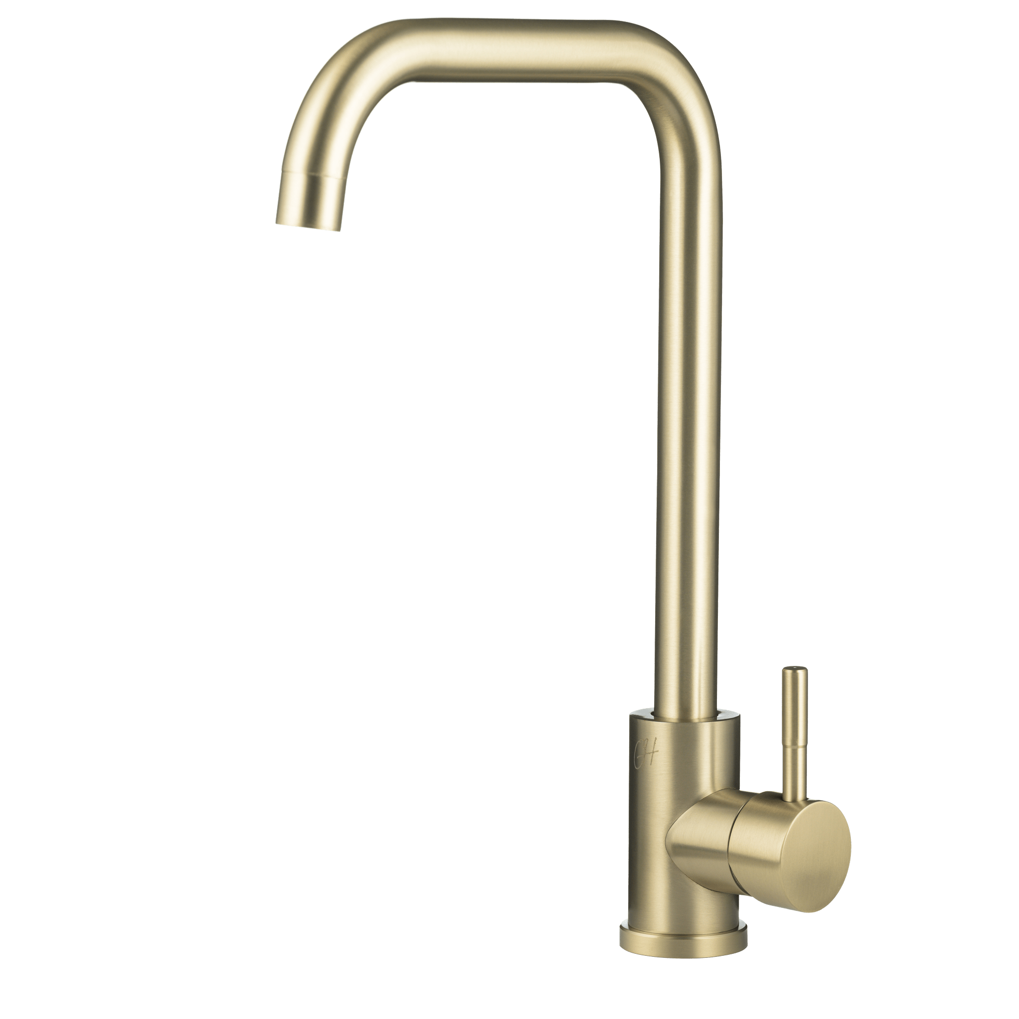 Mat gouden Savona keukenkraan in vooraanzicht met zachte glans en luxe minimalistisch design.