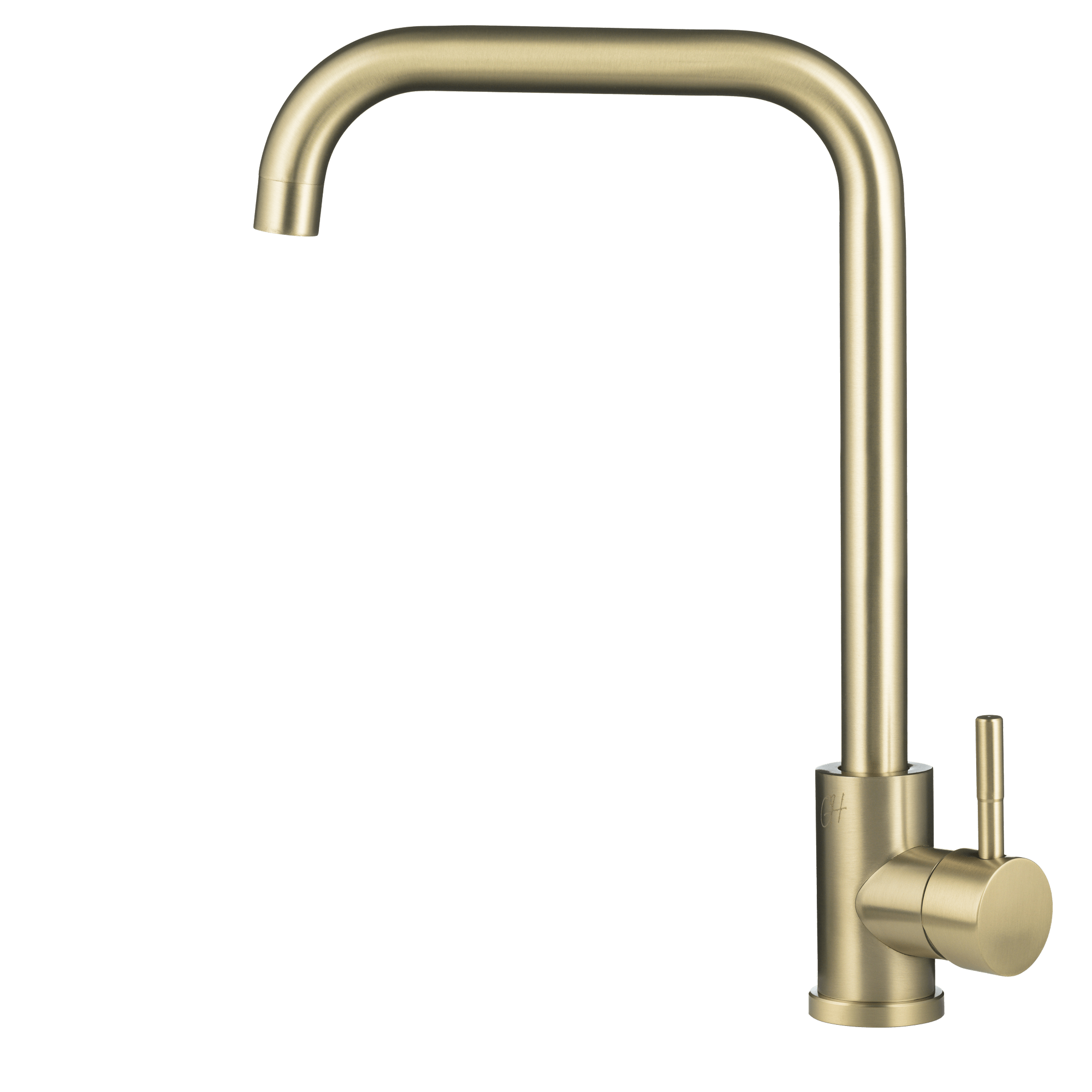 Zijaanzicht van de mat gouden kraan met rechtlijnig ontwerp en ergonomische hendelbediening.