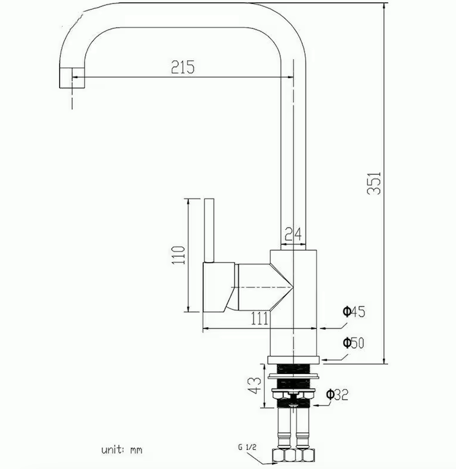 Schematische tekening van de RVS zilveren kraan met technische specificaties en maataanduidingen.