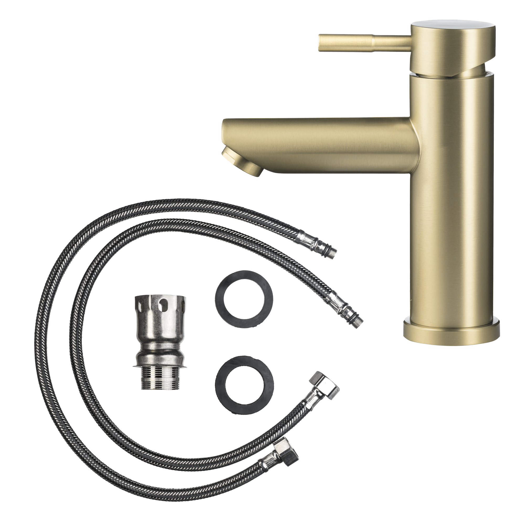 Gouden kraan in verpakking met alle accessoires overzichtelijk geplaatst, klaar voor installatie.