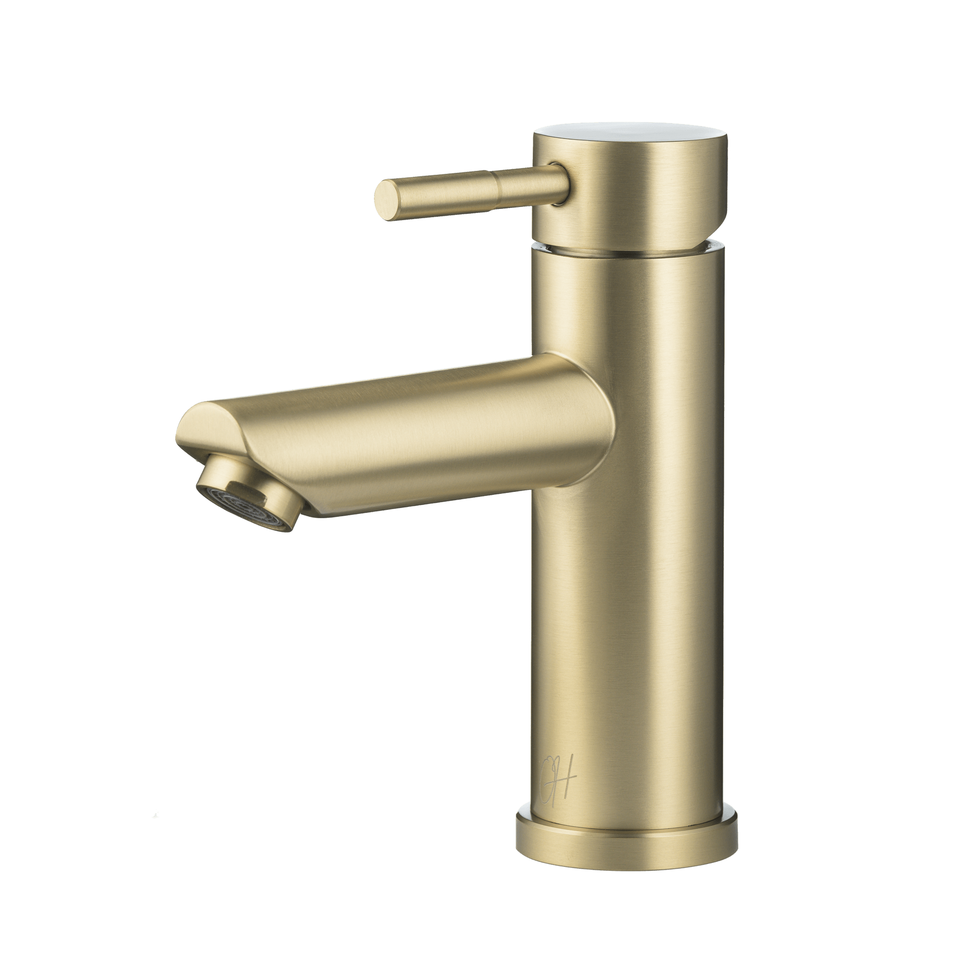 Luxe gouden wastafelkraan met rechte uitloop, symmetrisch ontwerp en mat gouden afwerking.