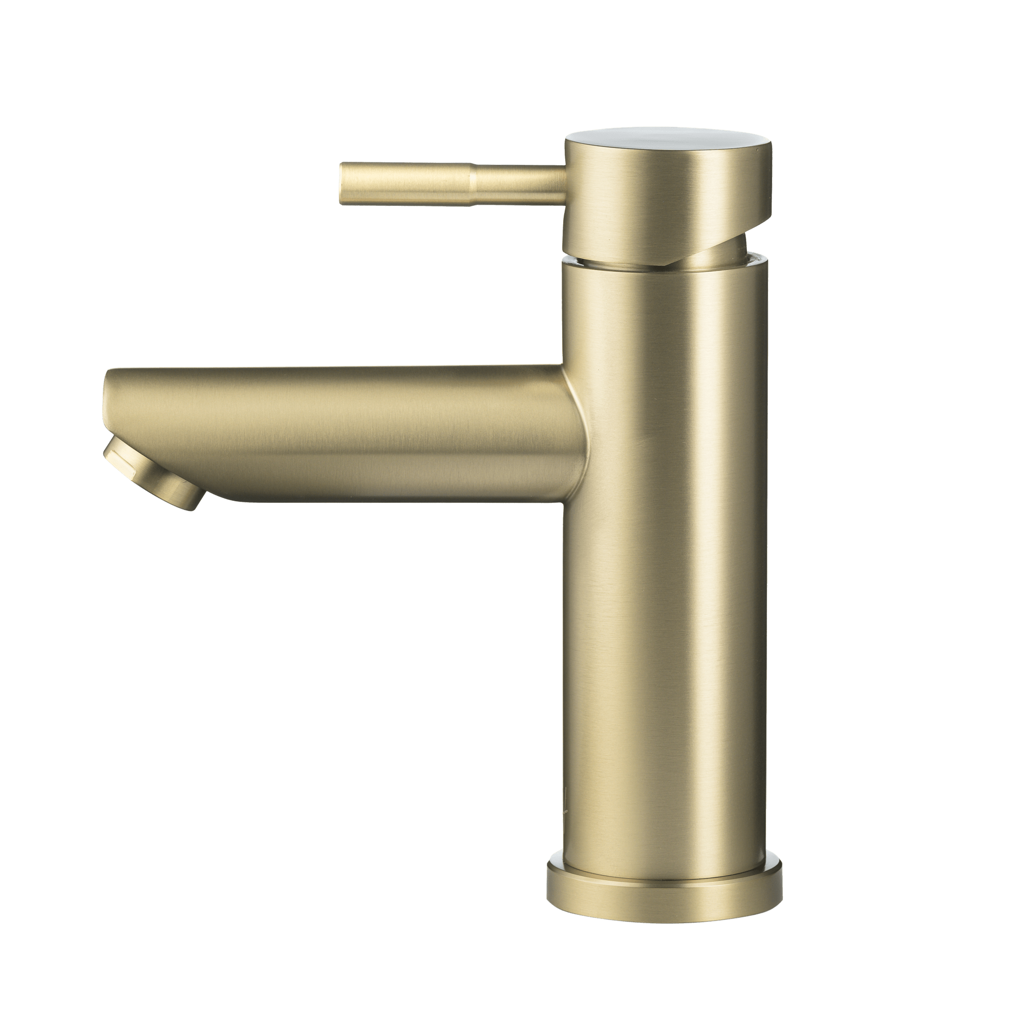 Zijaanzicht van de gouden kraan met geometrisch ontwerp en rechtlijnige moderne vorm.