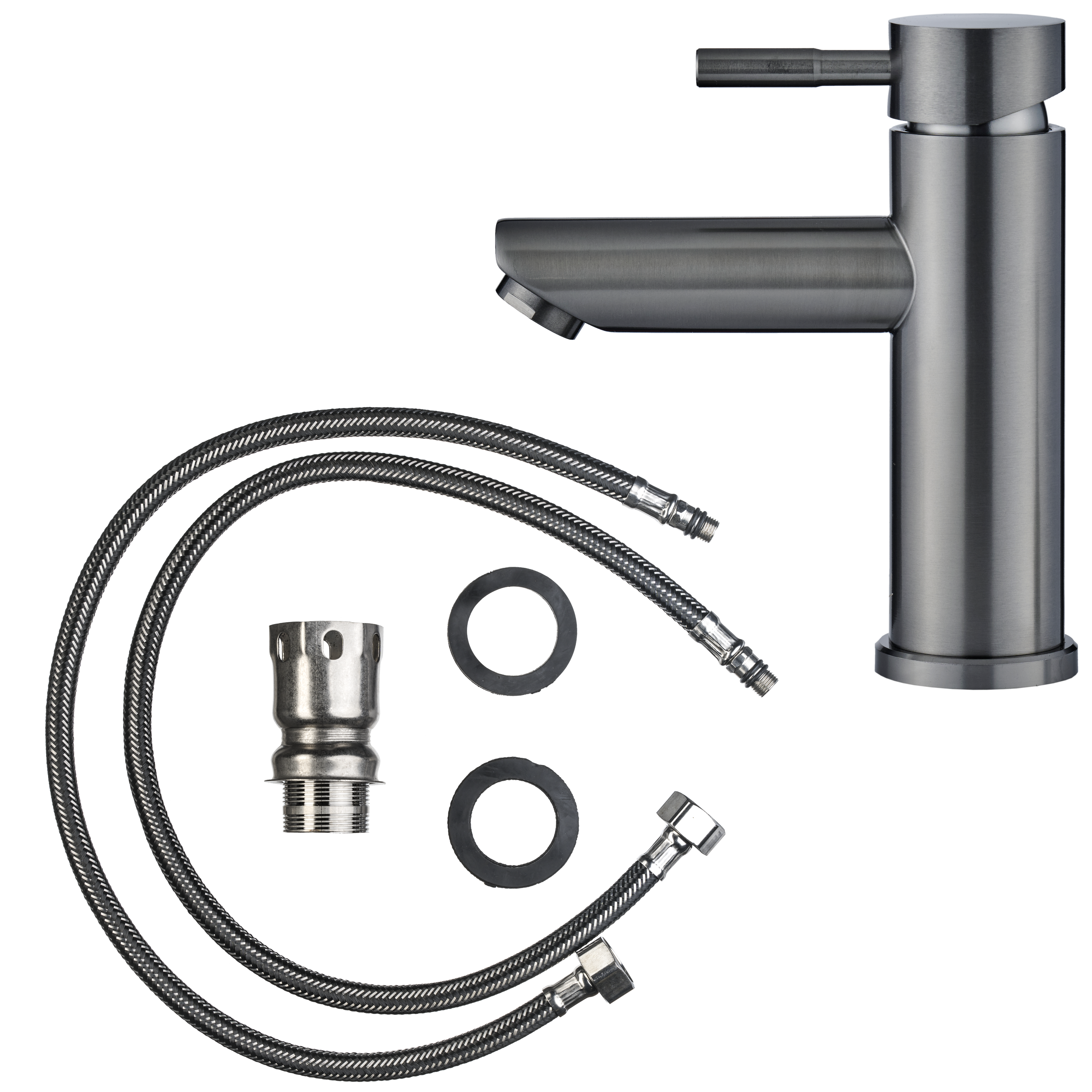 Gun Metal kraan inclusief montagebenodigdheden, flexibele slangen en bevestigingsset in nette verpakking.