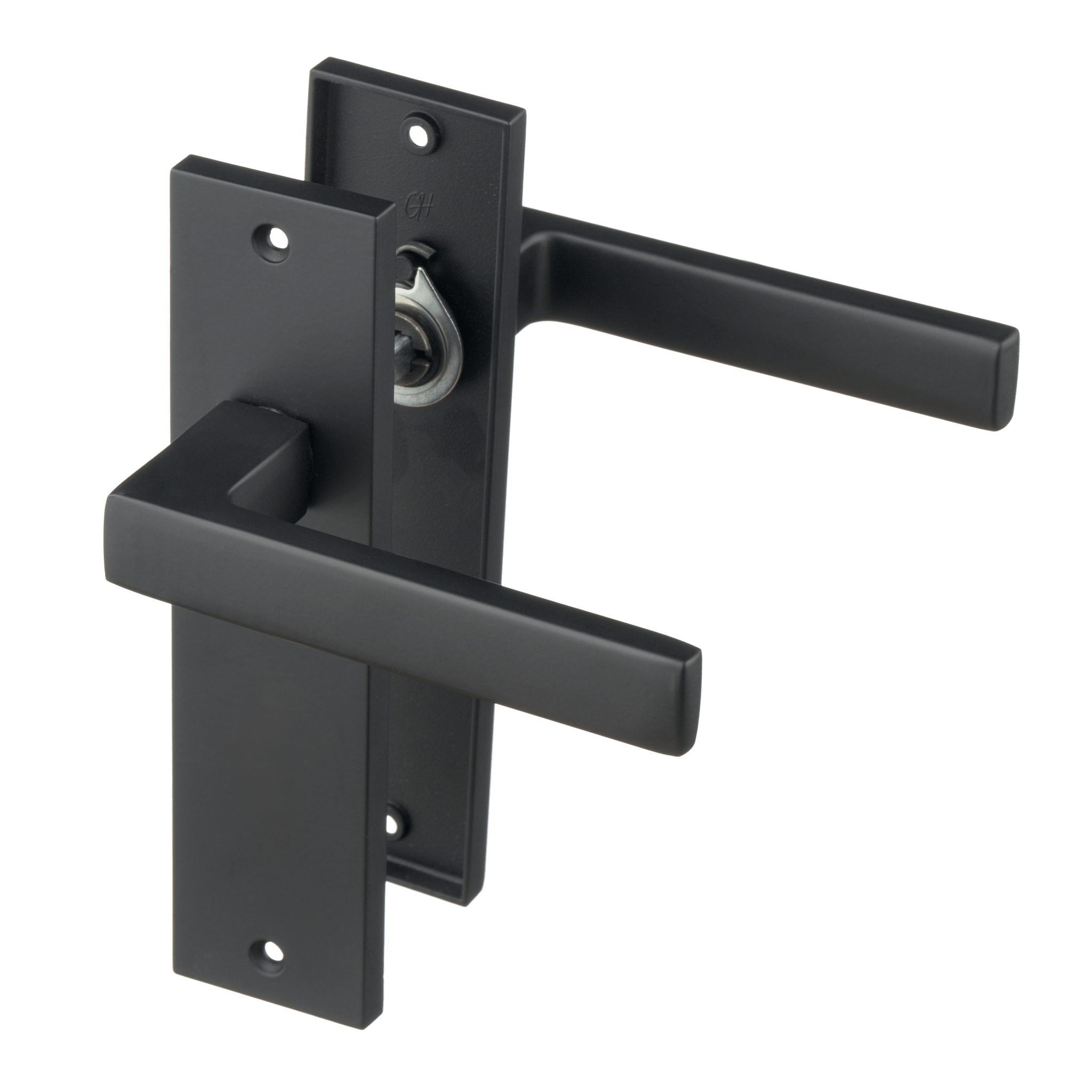 Geveerde mat zwarte Ravello deurbeslagset met kort schild keert soepel terug na gebruik