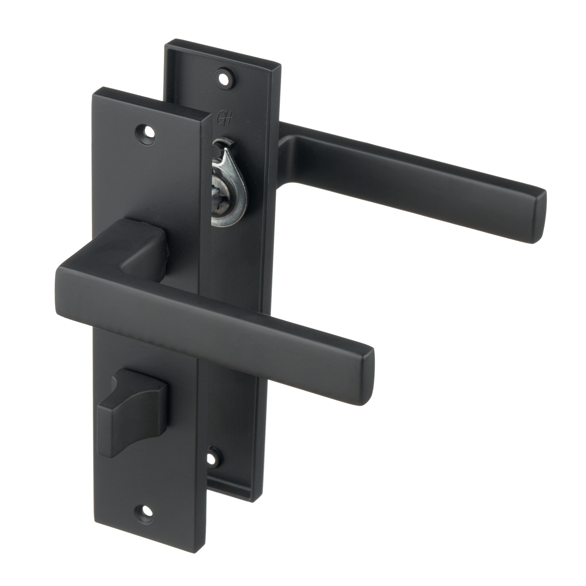 Mat zwarte Ravello deurklink op kort schild 180 × 45 mm met geïntegreerd WC-slot hartafstand 63 mm voor badkamerdeuren