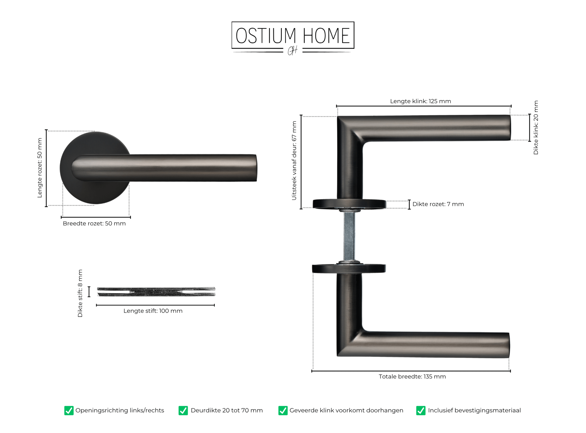 Afmetingen van ronde geveerde deurklink in gun metal op rond rozet van Ostiumhome