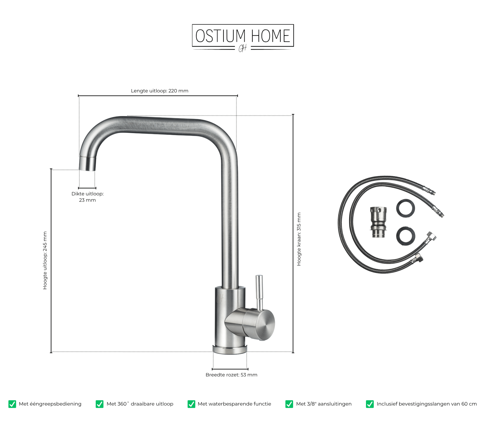 Specificaties van rvs zilveren waterbesparende keukenkraan van Ostiumhome